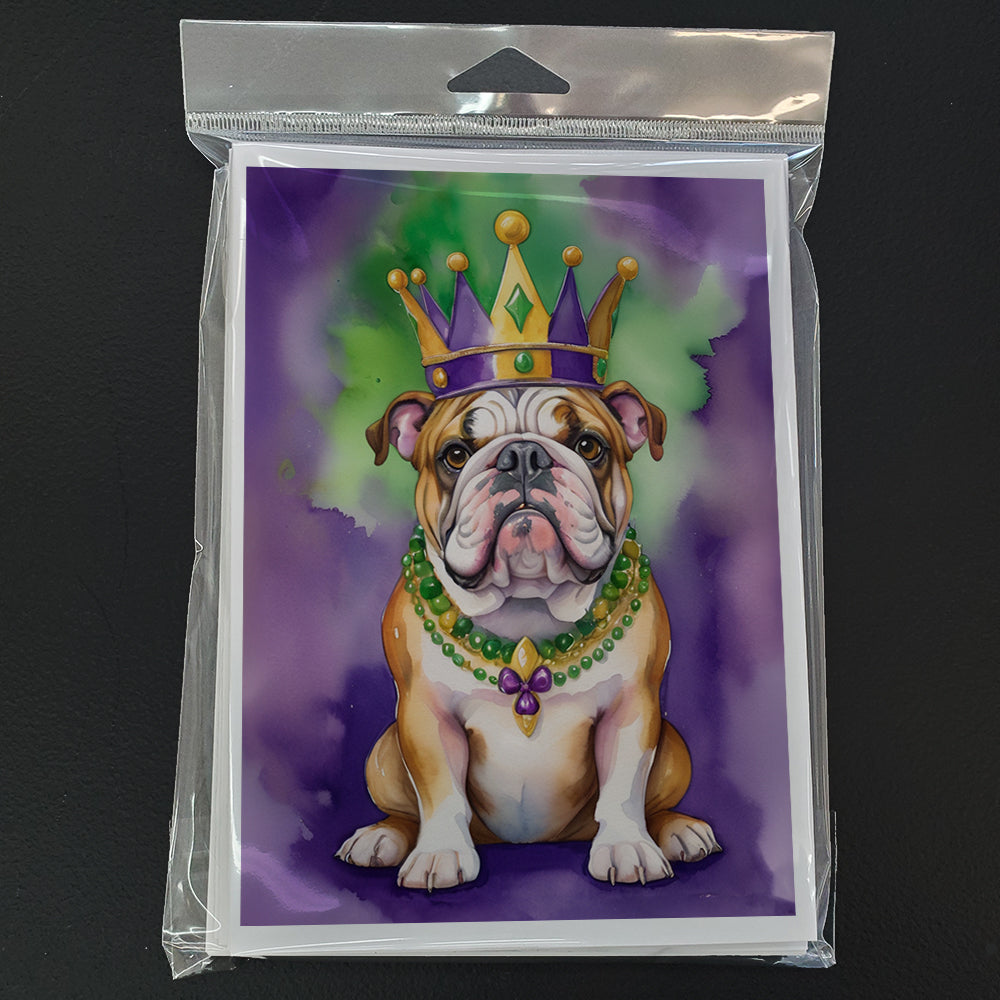 English Bulldog King of Mardi Gras Greeting Cards Pack of 8 Blank Cards with Envelopes Whimsical A7 Size 5x7