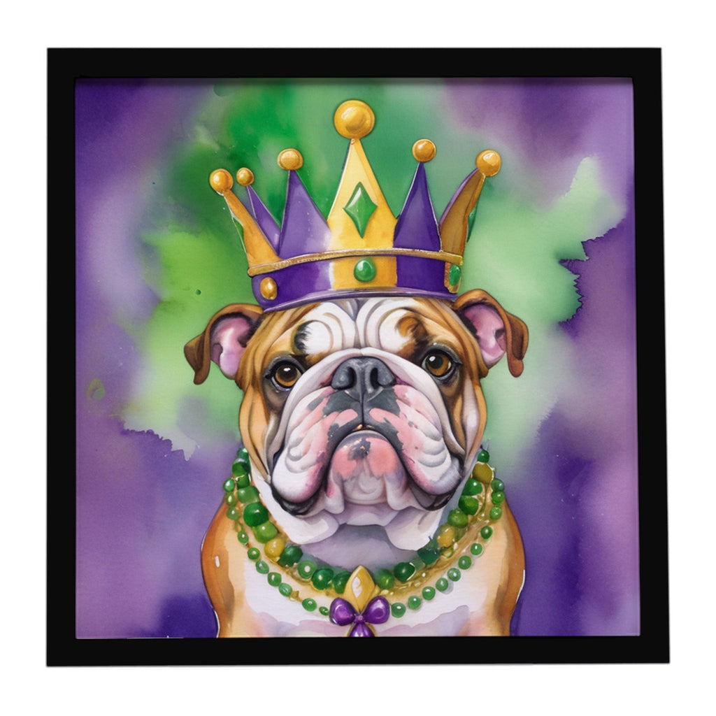 English Bulldog King of Mardi Gras Framed Metal Print Bathroom, Kitchen, Office, Home Decor Wall Art Ready to Hang, Square, 8X8