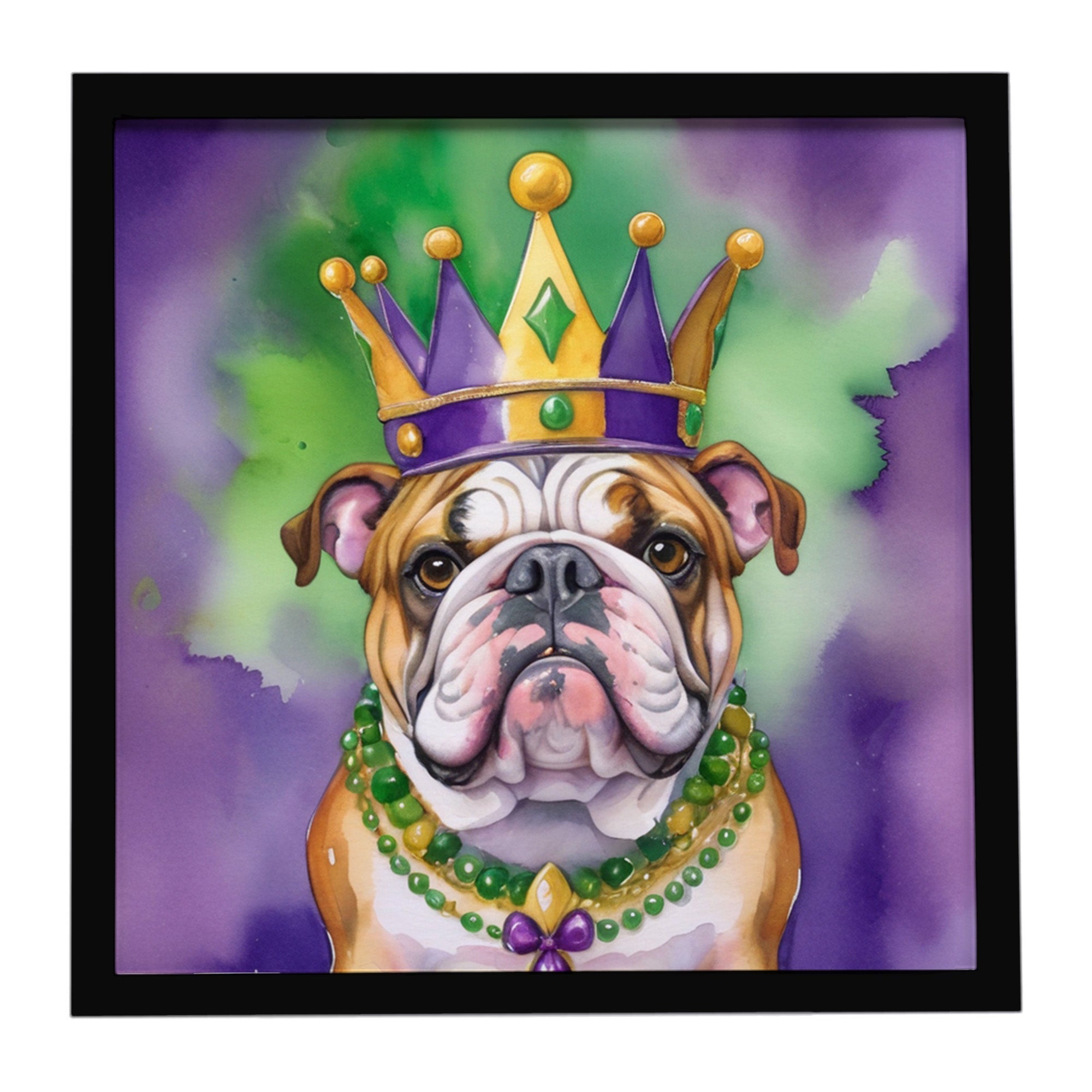 English Bulldog King of Mardi Gras Framed Metal Print Bathroom, Kitchen, Office, Home Decor Wall Art Ready to Hang, Square, 8X8
