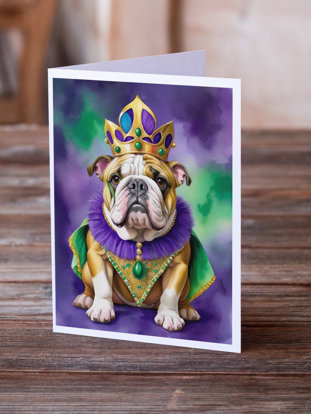 English Bulldog King of Mardi Gras Greeting Cards Pack of 8 Blank Cards with Envelopes Whimsical A7 Size 5x7
