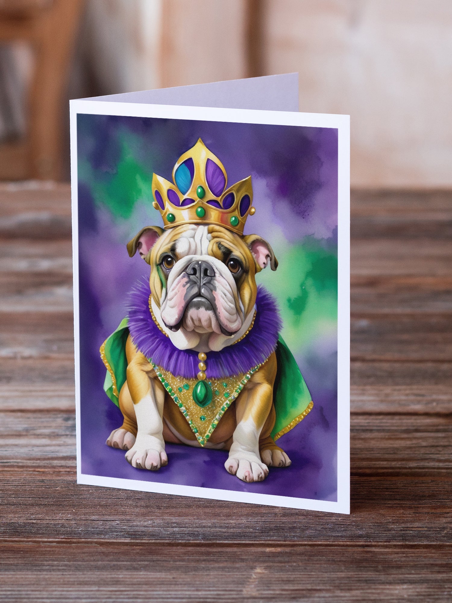 English Bulldog King of Mardi Gras Greeting Cards Pack of 8 Blank Cards with Envelopes Whimsical A7 Size 5x7