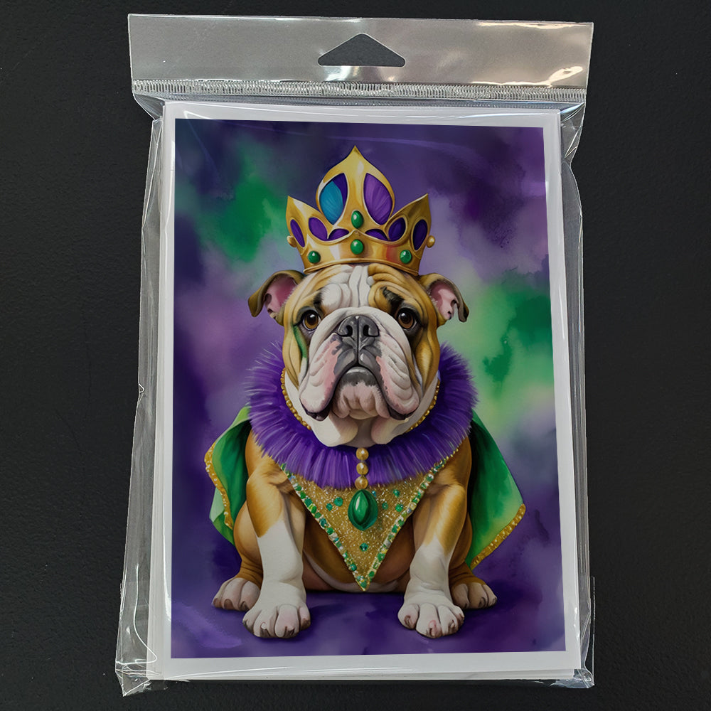 English Bulldog King of Mardi Gras Greeting Cards Pack of 8 Blank Cards with Envelopes Whimsical A7 Size 5x7