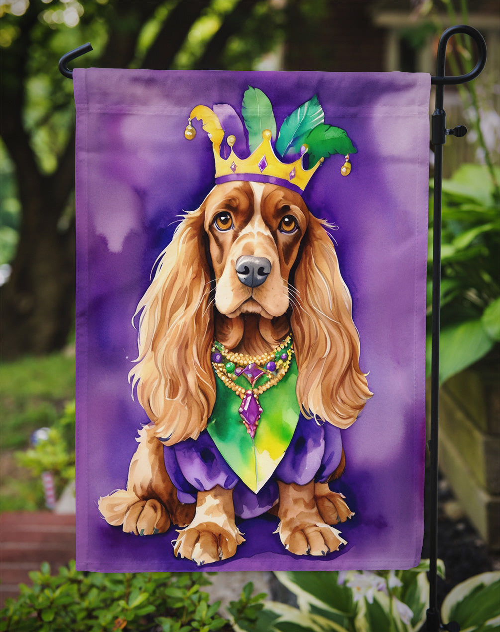English Cocker Spaniel King of Mardi Gras Garden Flag Mailbox Decorative Yard Banner Outside Patio Artwork for Flower Beds, Garden Size, Multicolor