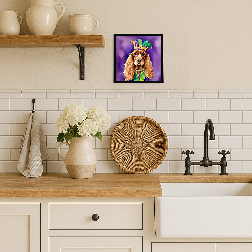English Cocker Spaniel King of Mardi Gras Framed Metal Print Bathroom, Kitchen, Office, Home Decor Wall Art Ready to Hang, Square, 8X8