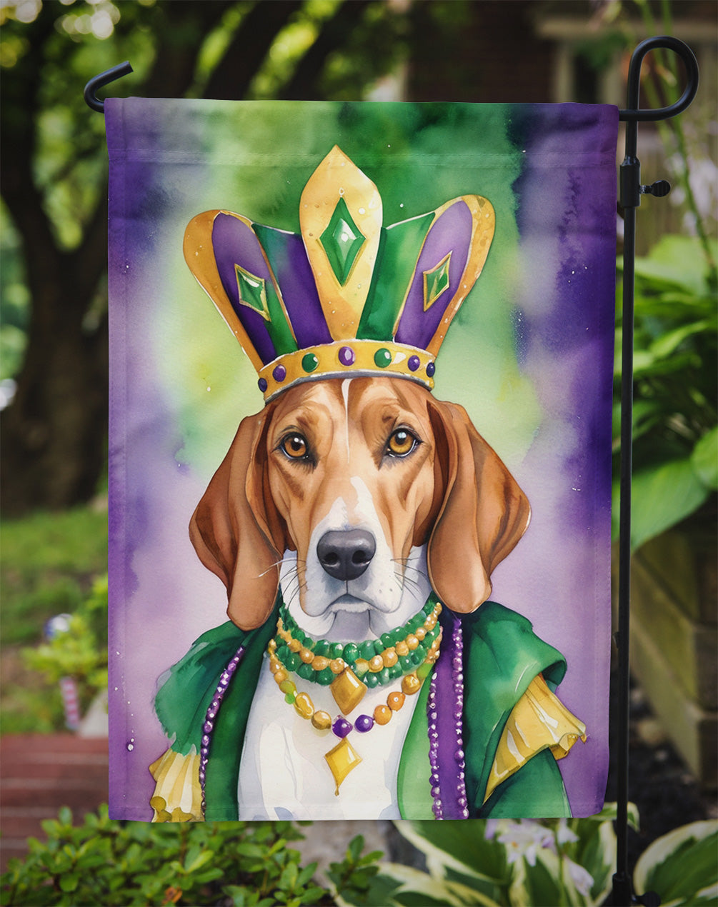 English Foxhound King of Mardi Gras Garden Flag Mailbox Decorative Yard Banner Outside Patio Artwork for Flower Beds, Garden Size, Multicolor