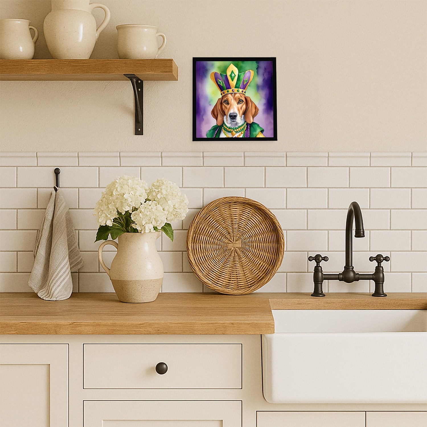 English Foxhound King of Mardi Gras Framed Metal Print Bathroom, Kitchen, Office, Home Decor Wall Art Ready to Hang, Square, 8X8