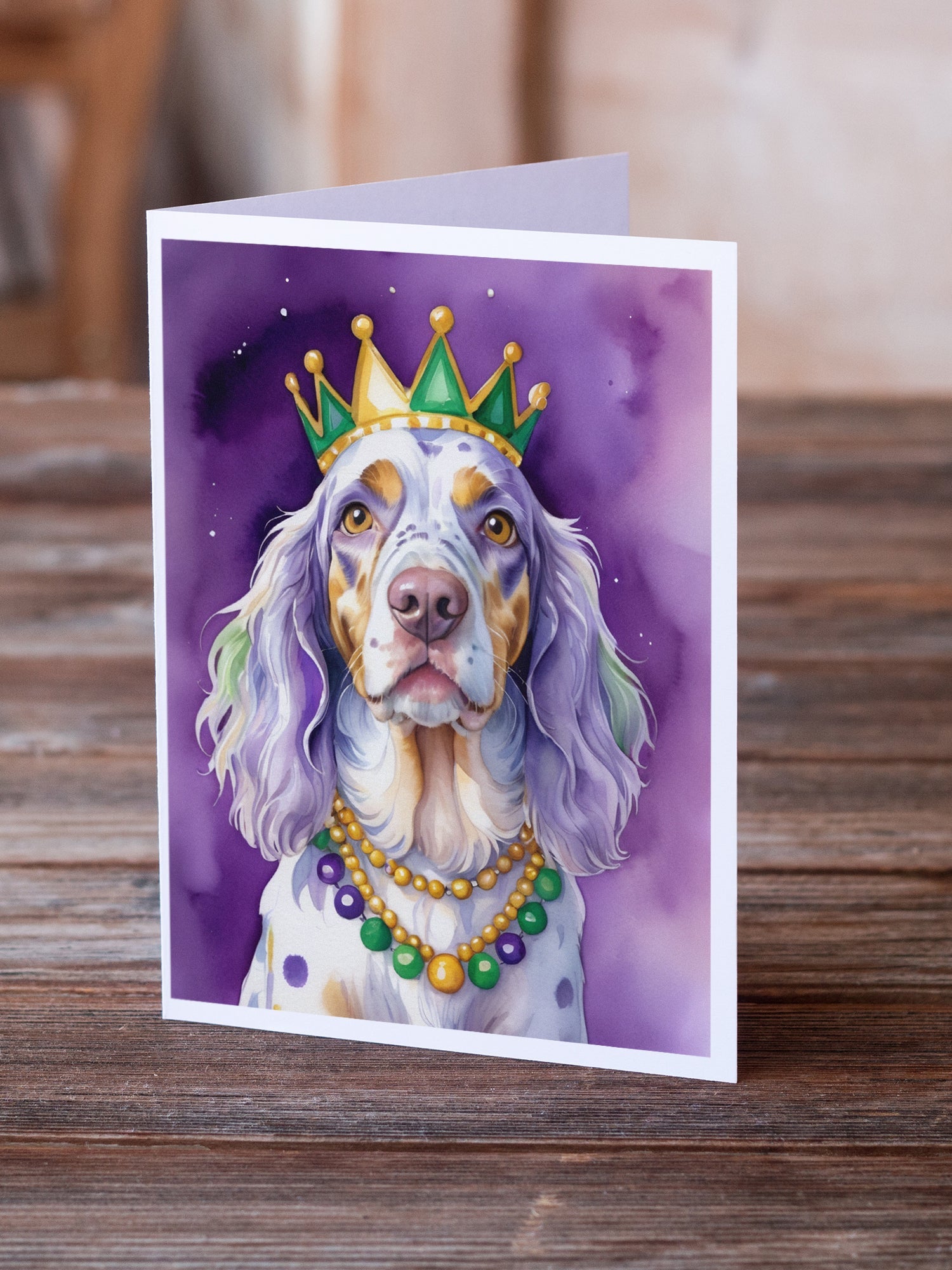 English Setter King of Mardi Gras Greeting Cards Pack of 8 Blank Cards with Envelopes Whimsical A7 Size 5x7