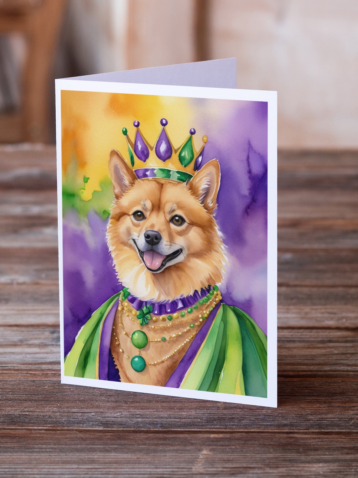 Finnish Spitz King of Mardi Gras Greeting Cards Pack of 8 Blank Cards with Envelopes Whimsical A7 Size 5x7