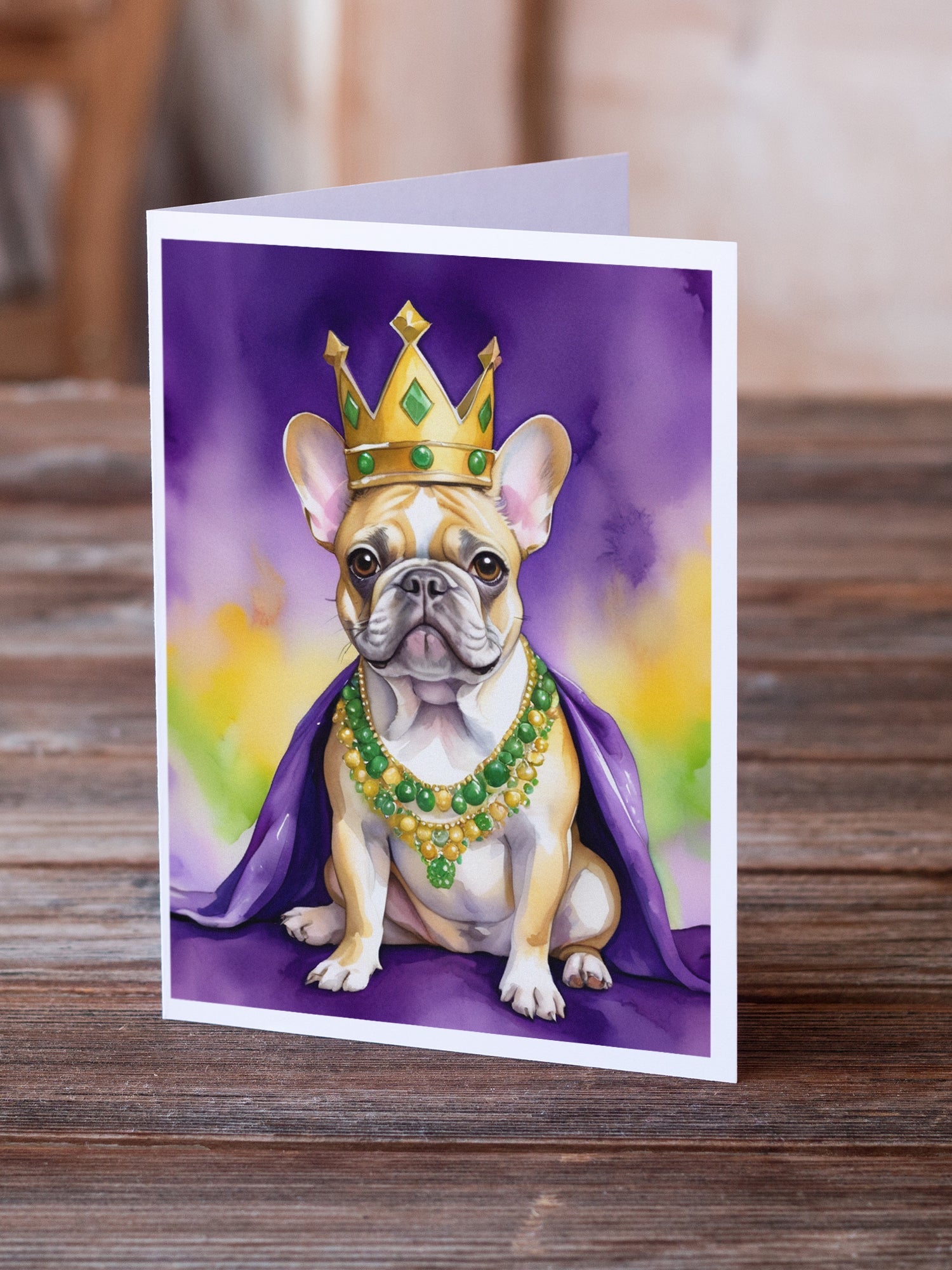 French Bulldog King of Mardi Gras Greeting Cards Pack of 8 Blank Cards with Envelopes Whimsical A7 Size 5x7