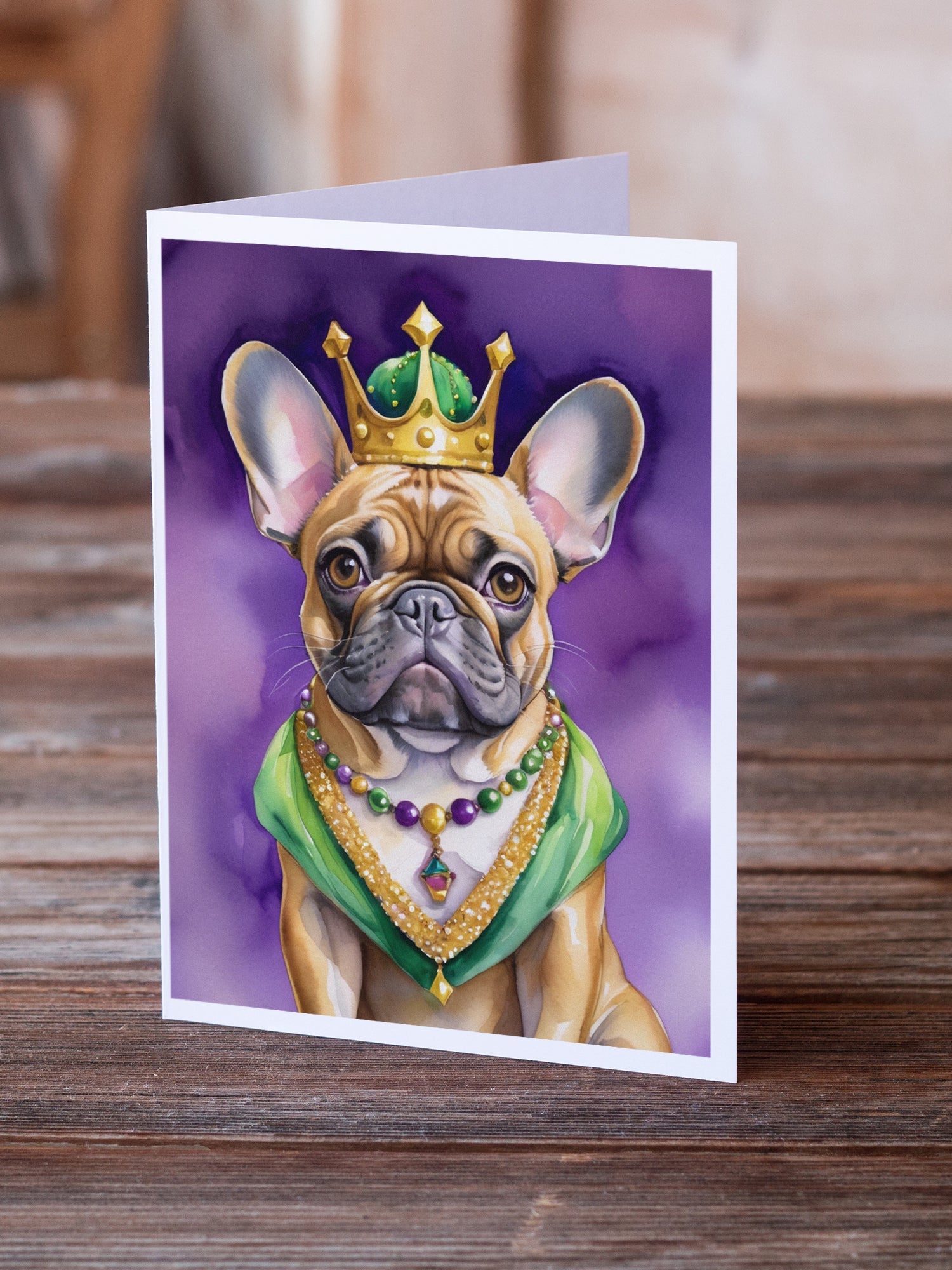 French Bulldog King of Mardi Gras Greeting Cards Pack of 8 Blank Cards with Envelopes Whimsical A7 Size 5x7