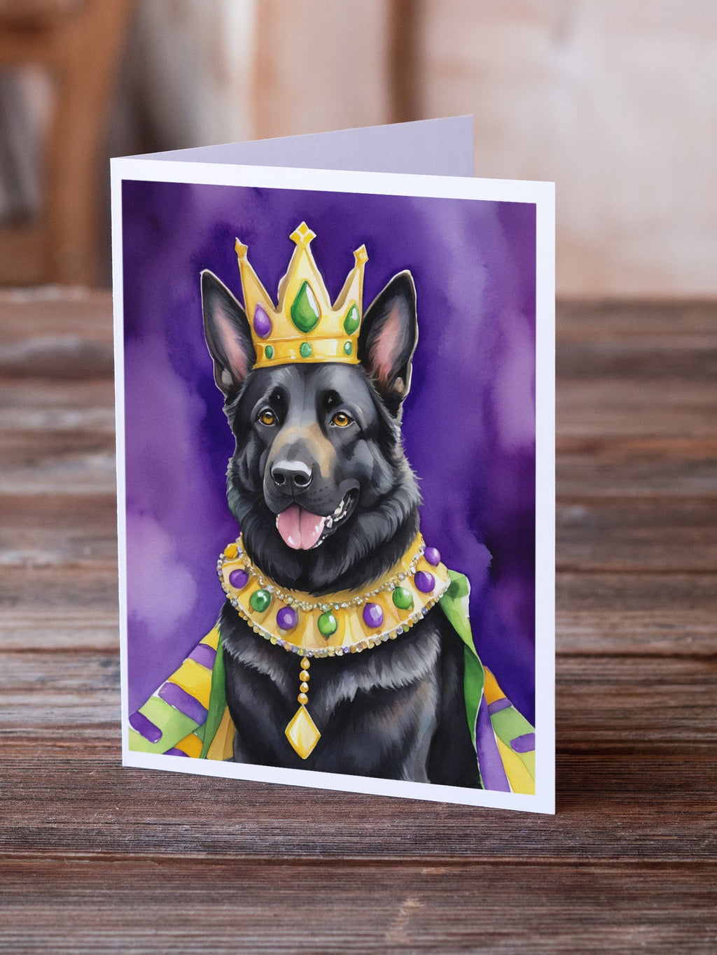 Black German Shepherd King of Mardi Gras Greeting Cards Pack of 8 Blank Cards with Envelopes Whimsical A7 Size 5x7