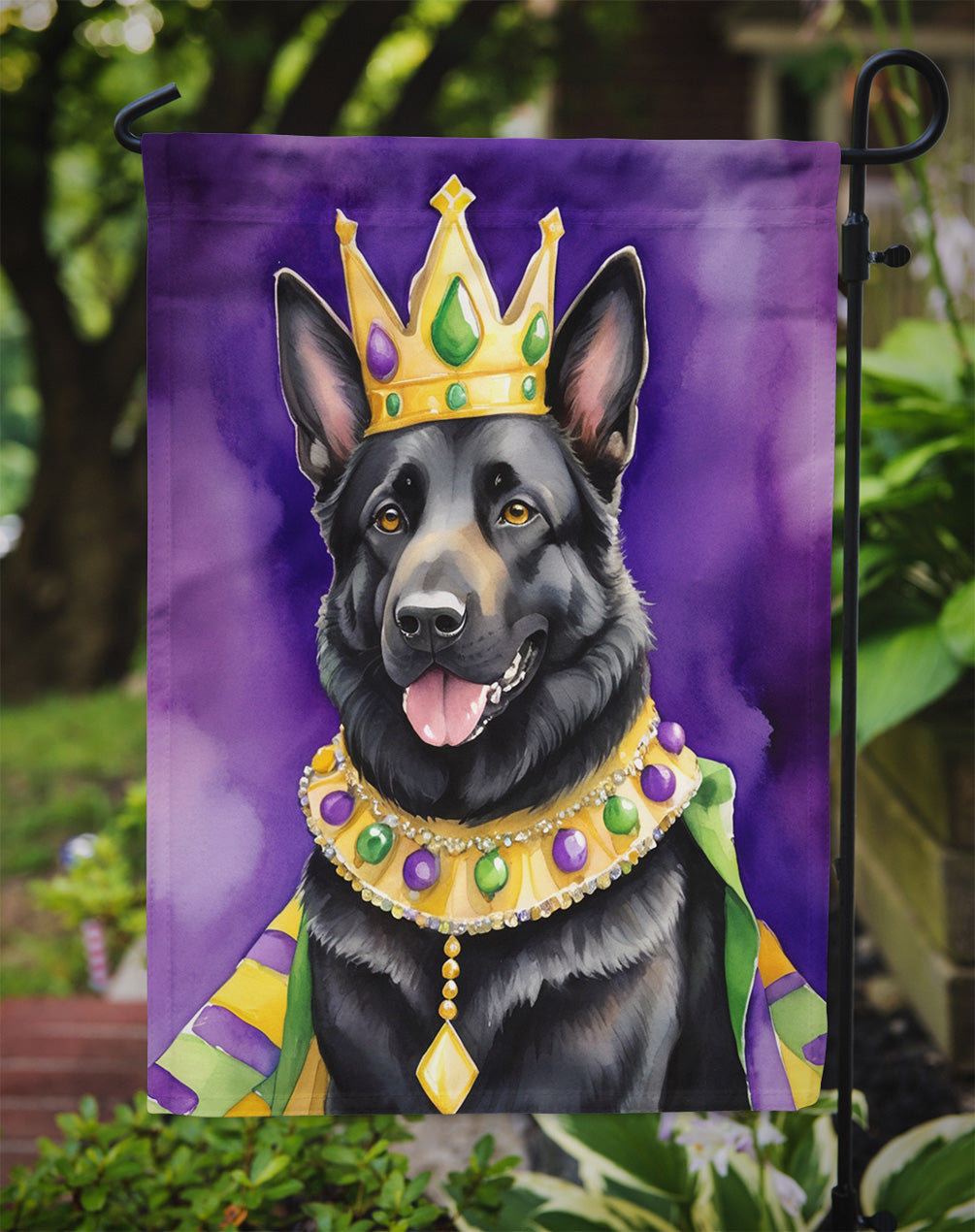 Black German Shepherd King of Mardi Gras Garden Flag Mailbox Decorative Yard Banner Outside Patio Artwork for Flower Beds, Garden Size, Multicolor