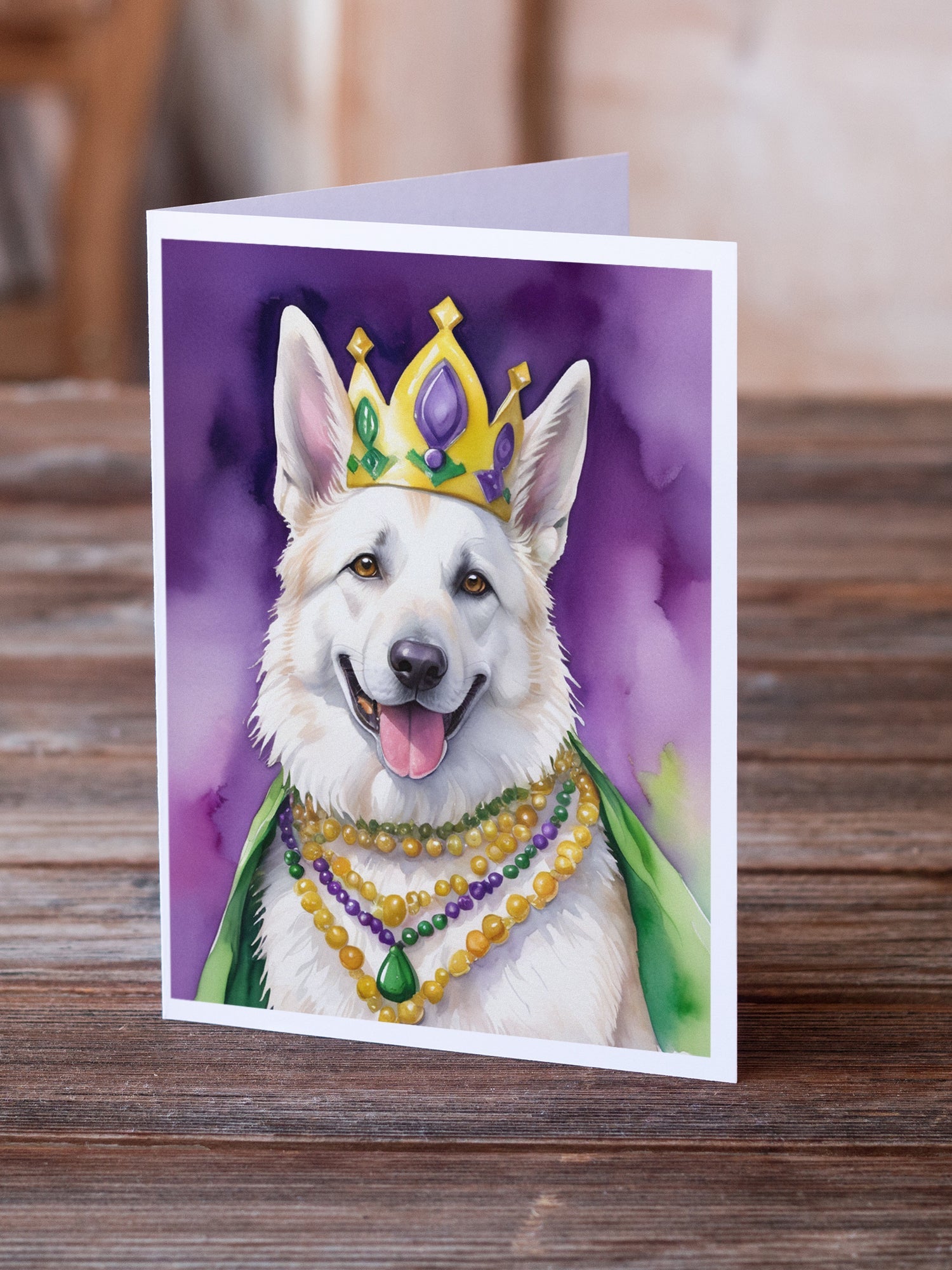 White German Shepherd King of Mardi Gras Greeting Cards Pack of 8 Blank Cards with Envelopes Whimsical A7 Size 5x7