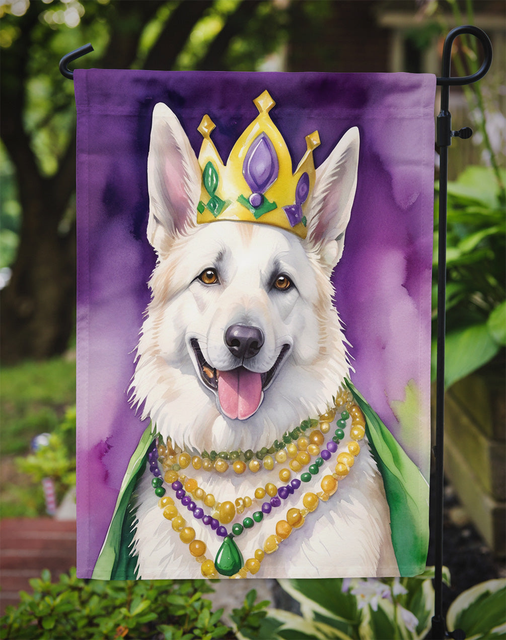 White German Shepherd King of Mardi Gras Garden Flag Mailbox Decorative Yard Banner Outside Patio Artwork for Flower Beds, Garden Size, Multicolor