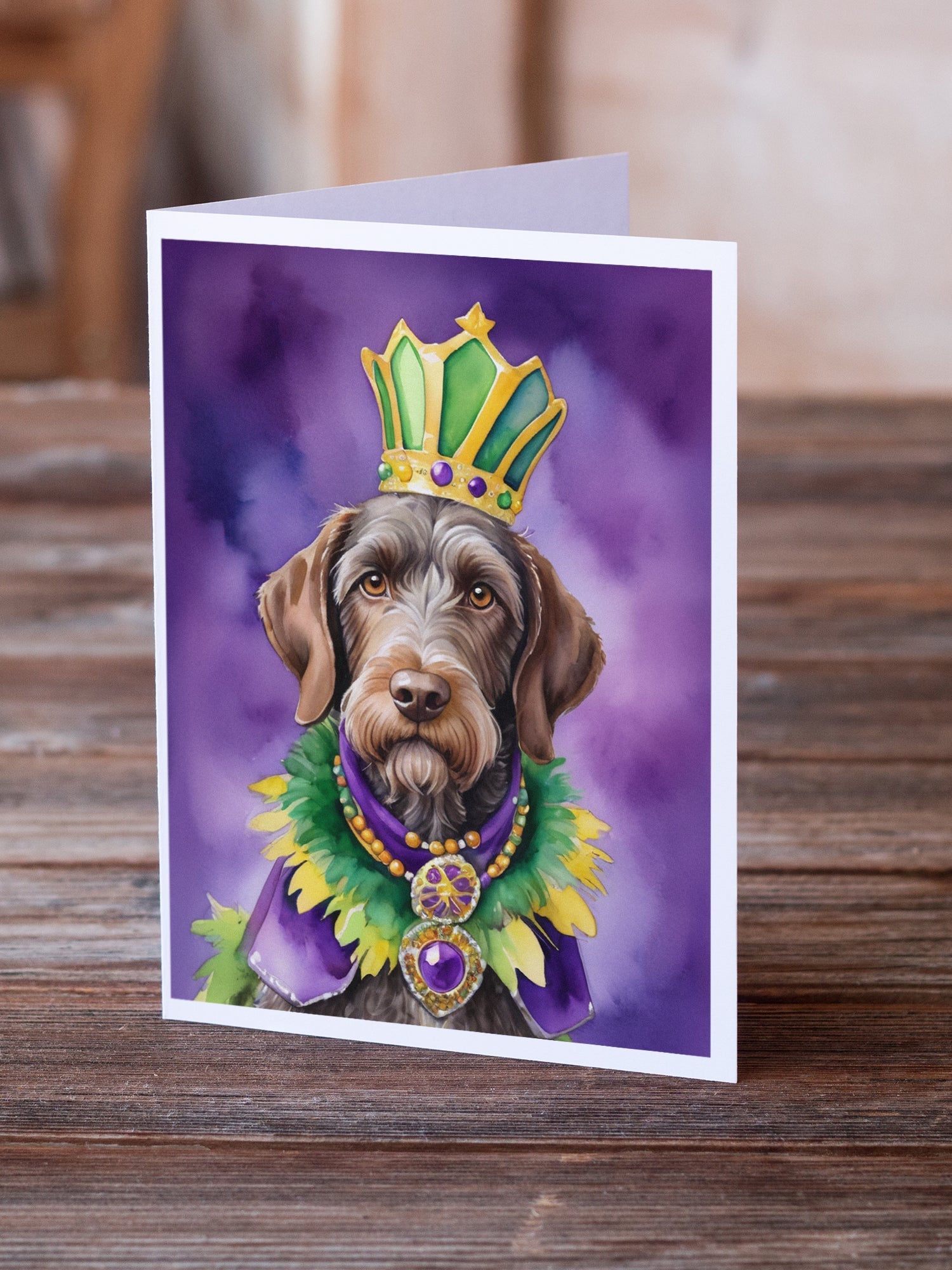 German Wirehaired Pointer King of Mardi Gras Greeting Cards Pack of 8 Blank Cards with Envelopes Whimsical A7 Size 5x7
