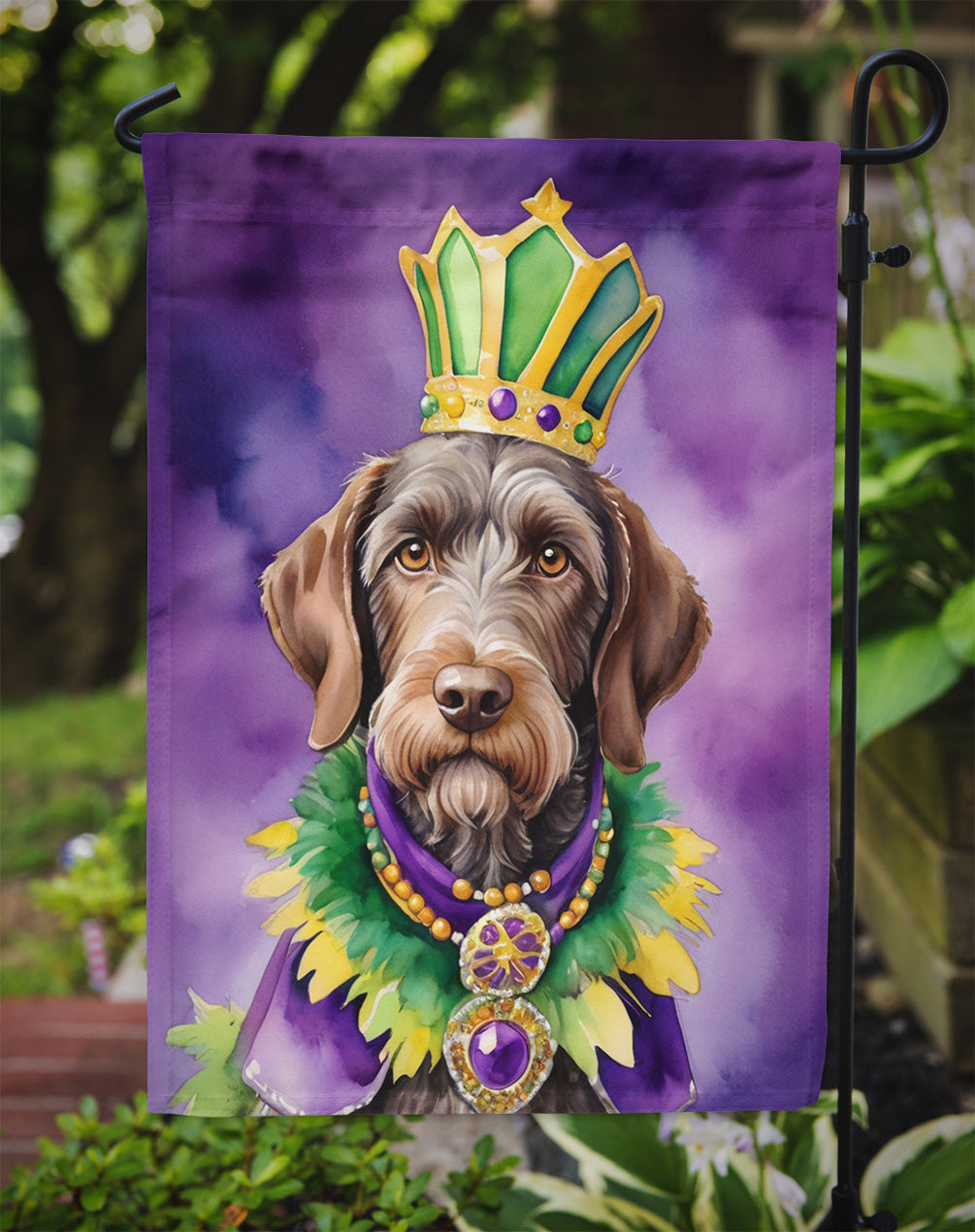 German Wirehaired Pointer King of Mardi Gras Garden Flag Mailbox Decorative Yard Banner Outside Patio Artwork for Flower Beds, Garden Size, Multicolor
