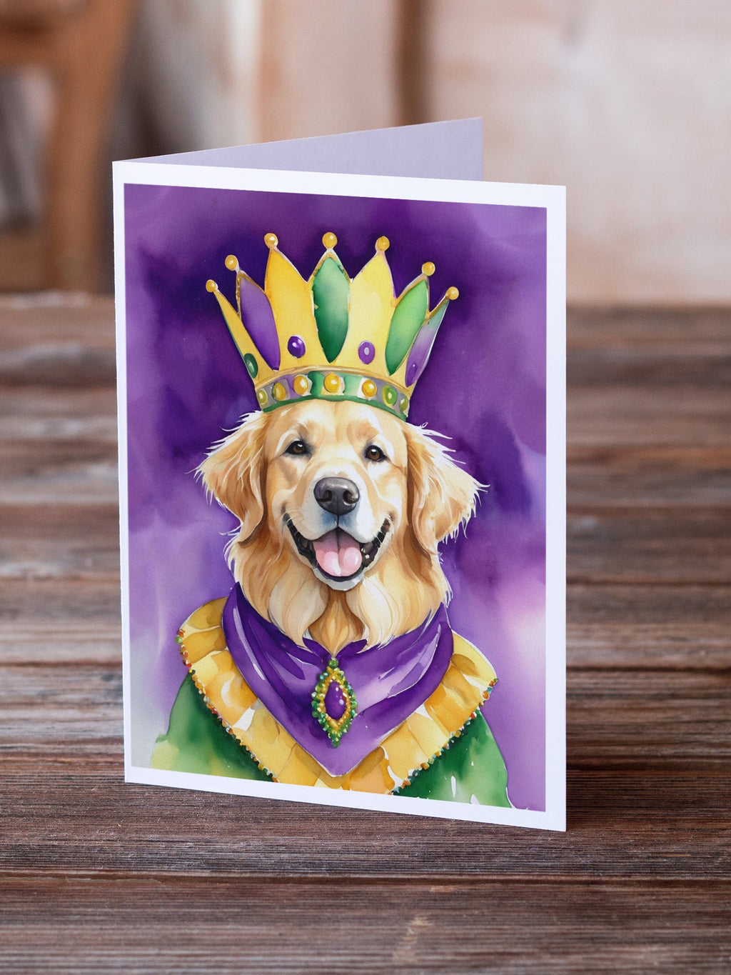 Golden Retriever King of Mardi Gras Greeting Cards Pack of 8 Blank Cards with Envelopes Whimsical A7 Size 5x7