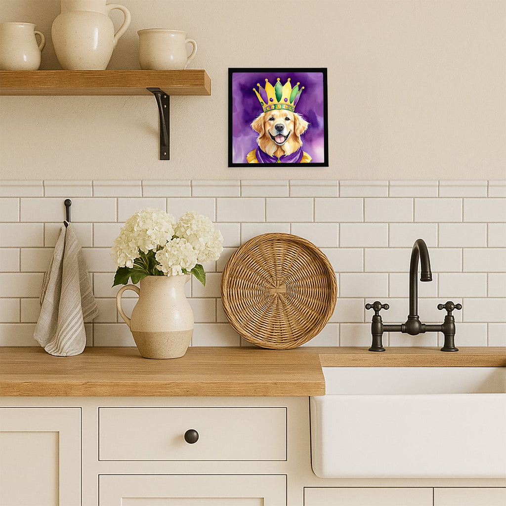 Golden Retriever King of Mardi Gras Framed Metal Print Bathroom, Kitchen, Office, Home Decor Wall Art Ready to Hang, Square, 8X8