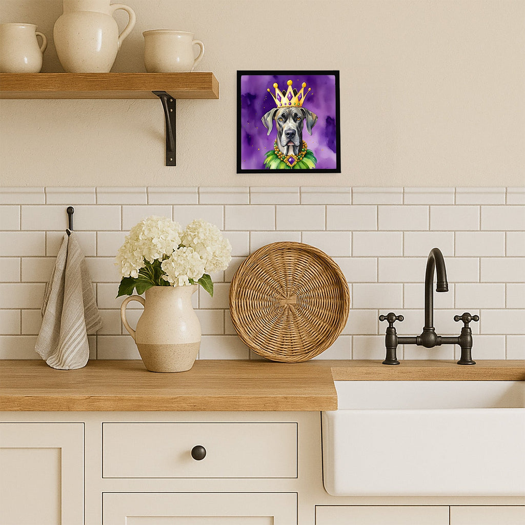 Great Dane King of Mardi Gras Framed Metal Print Bathroom, Kitchen, Office, Home Decor Wall Art Ready to Hang, Square, 8X8