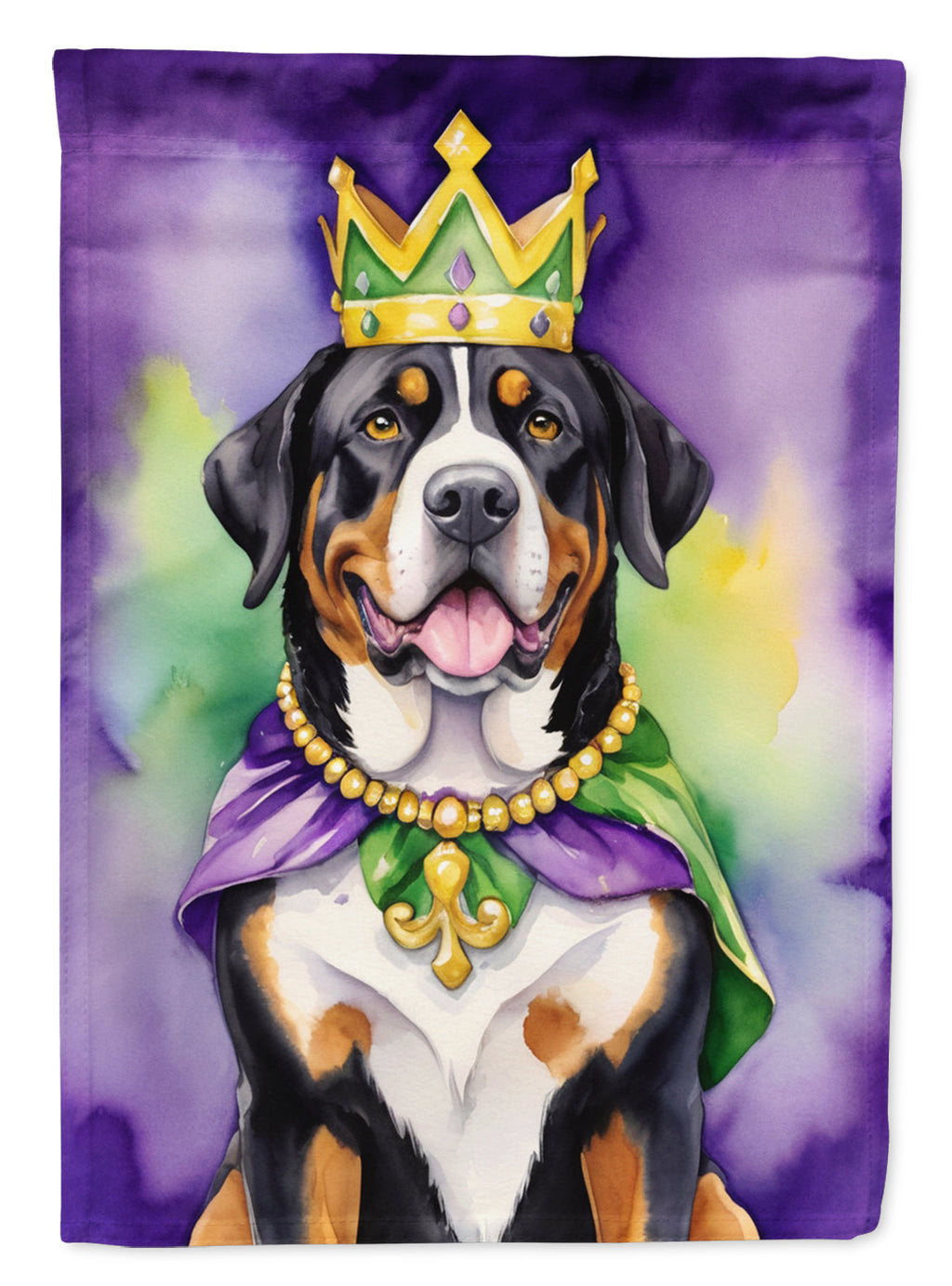 Greater Swiss Mountain Dog King of Mardi Gras House Flag 28x40 Porch Sleeve Pole Decorative Outside Yard Banner Artwork Wall Hanging, Polyester