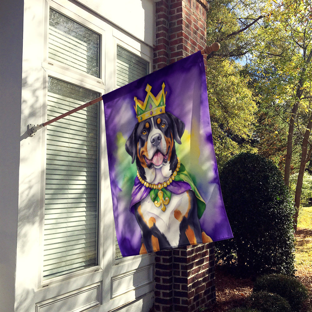 Greater Swiss Mountain Dog King of Mardi Gras House Flag 28x40 Porch Sleeve Pole Decorative Outside Yard Banner Artwork Wall Hanging, Polyester