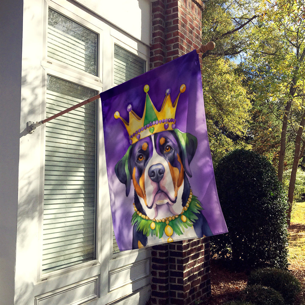 Greater Swiss Mountain Dog King of Mardi Gras House Flag 28x40 Porch Sleeve Pole Decorative Outside Yard Banner Artwork Wall Hanging, Polyester