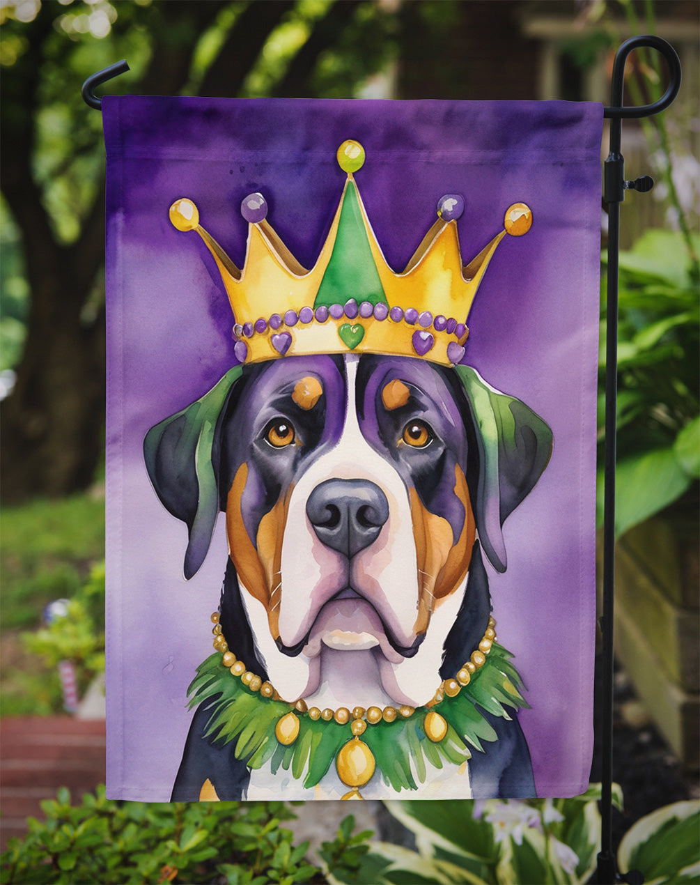 Greater Swiss Mountain Dog King of Mardi Gras Garden Flag Mailbox Decorative Yard Banner Outside Patio Artwork for Flower Beds, Garden Size, Multicolor