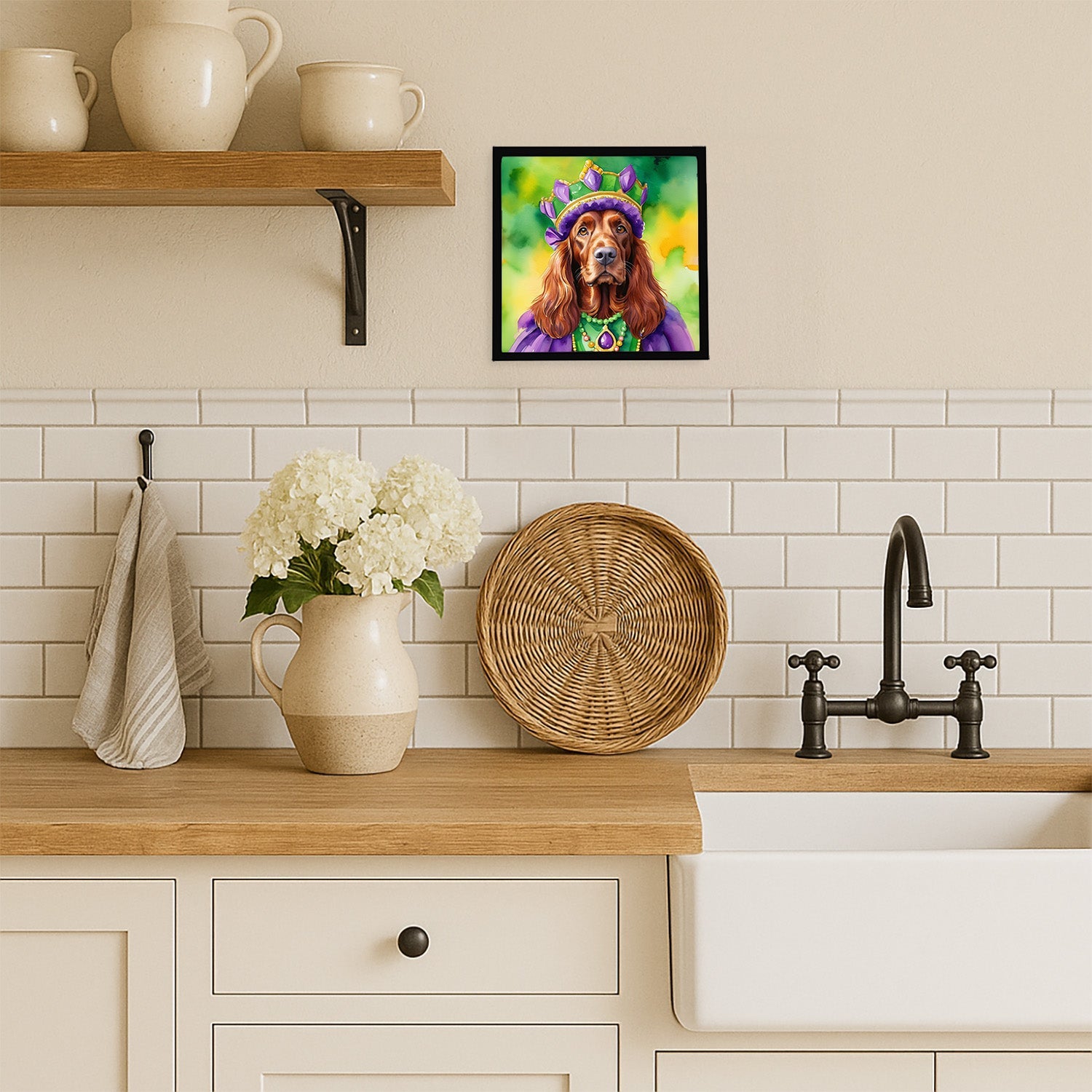 Irish Setter King of Mardi Gras Framed Metal Print Bathroom, Kitchen, Office, Home Decor Wall Art Ready to Hang, Square, 8X8