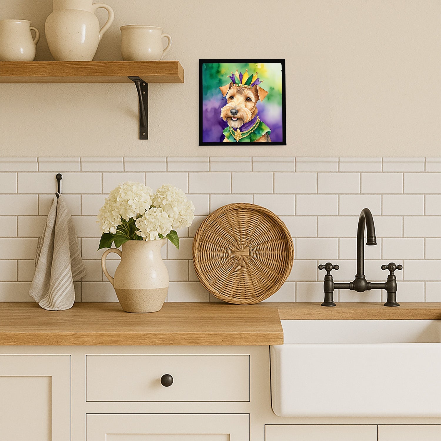 Lakeland Terrier King of Mardi Gras Framed Metal Print Bathroom, Kitchen, Office, Home Decor Wall Art Ready to Hang, Square, 8X8