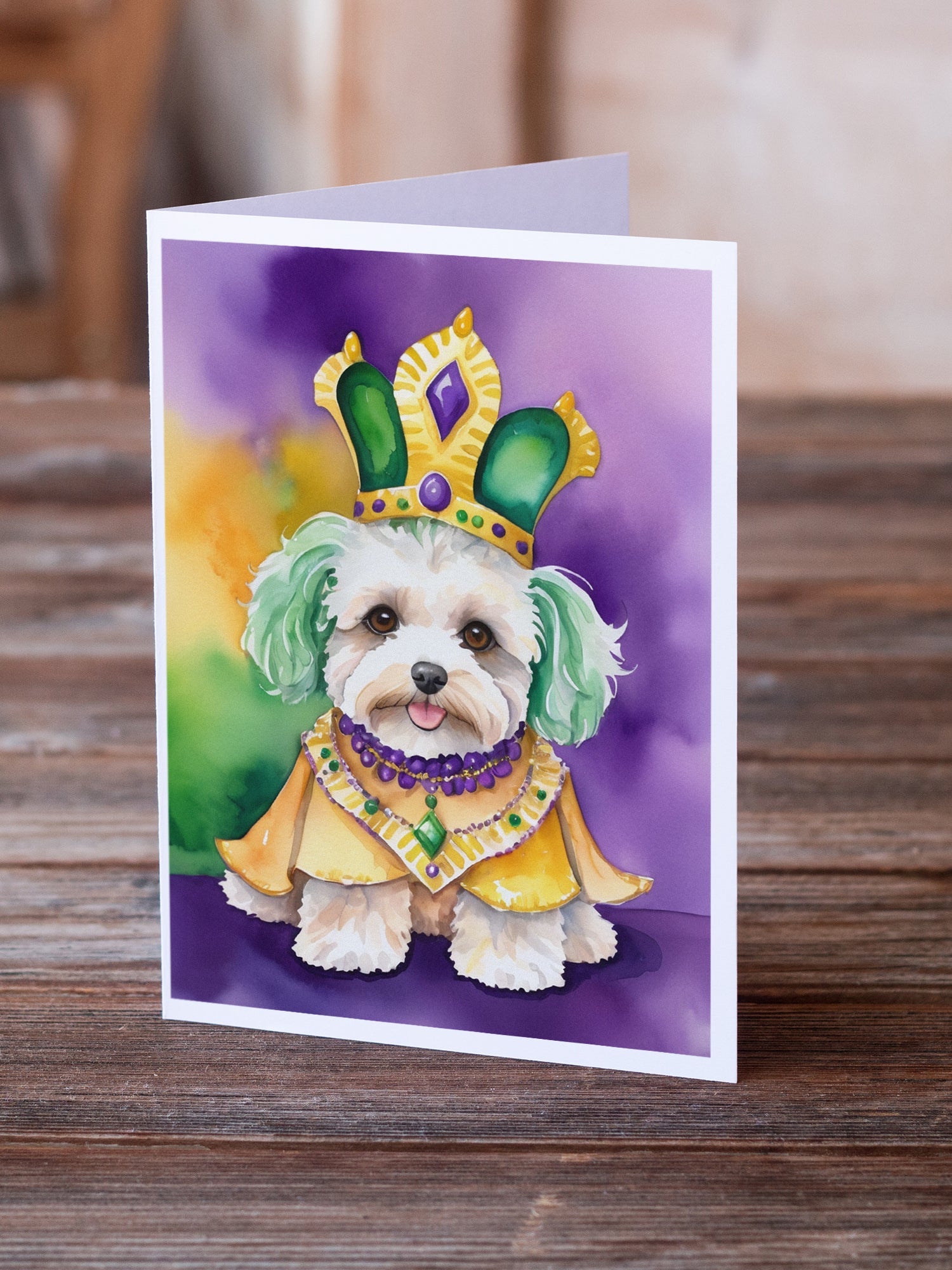 Maltipoo King of Mardi Gras Greeting Cards Pack of 8 Blank Cards with Envelopes Whimsical A7 Size 5x7