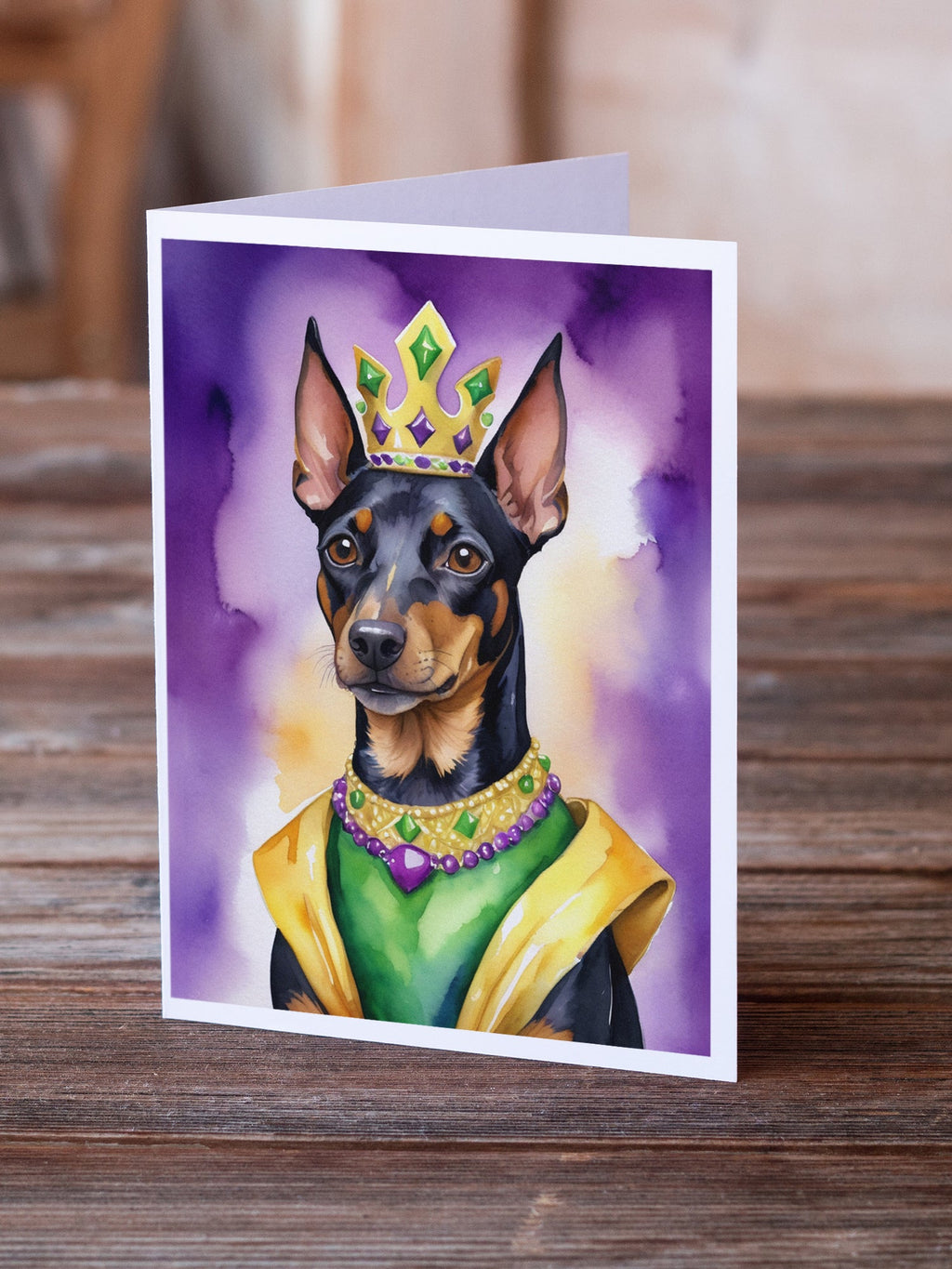 Manchester Terrier King of Mardi Gras Greeting Cards Pack of 8 Blank Cards with Envelopes Whimsical A7 Size 5x7