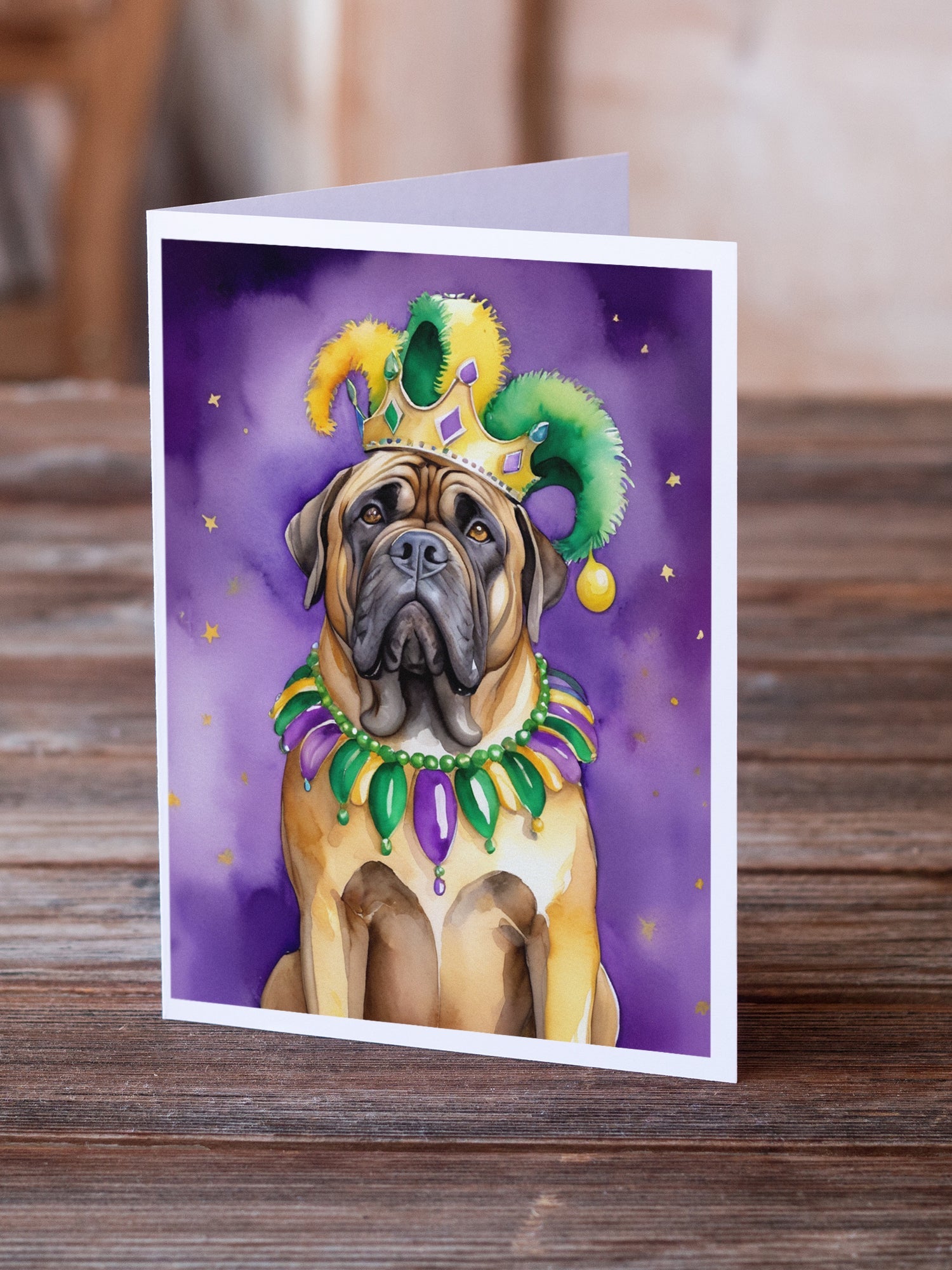 Mastiff King of Mardi Gras Greeting Cards Pack of 8 Blank Cards with Envelopes Whimsical A7 Size 5x7