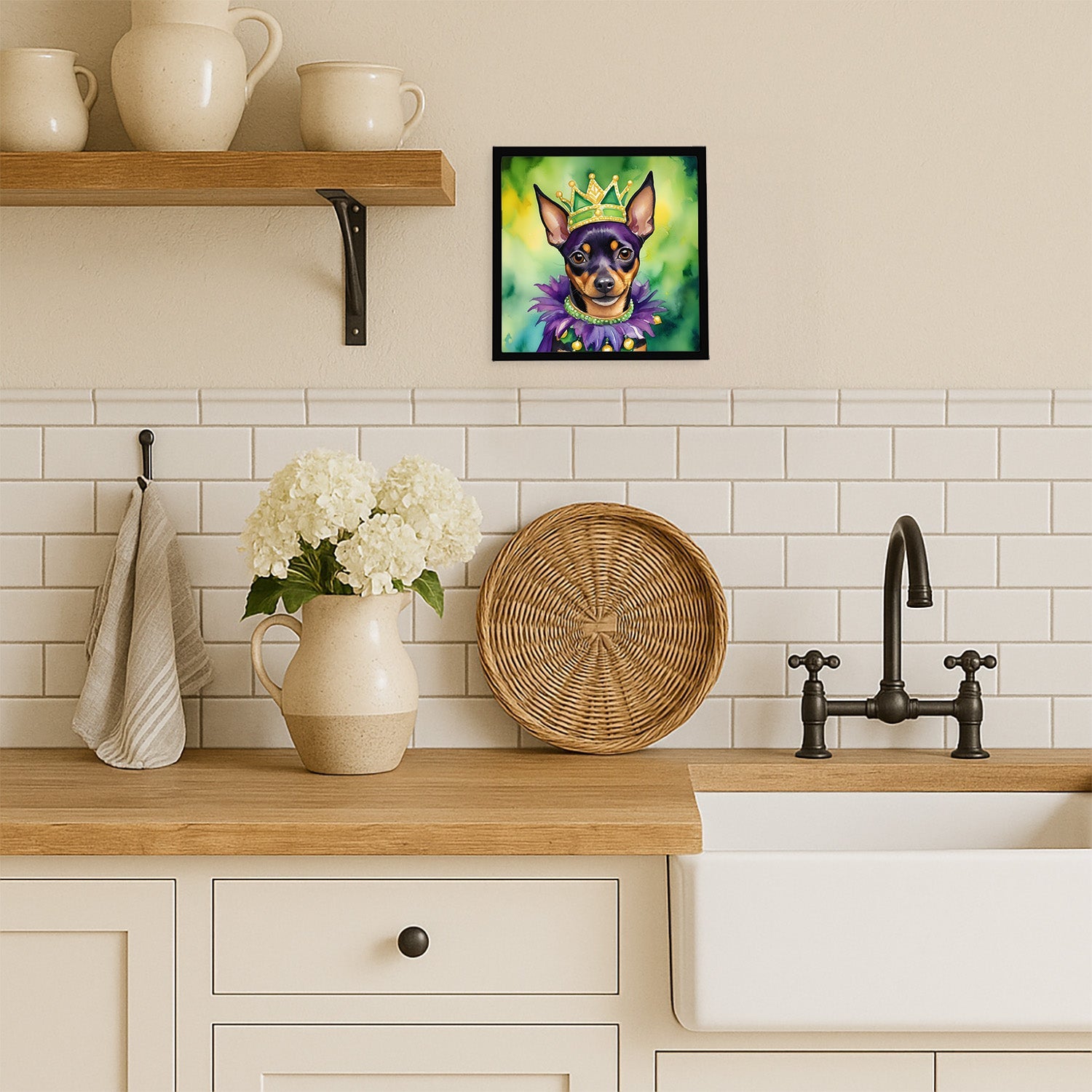Miniature Pinscher King of Mardi Gras Framed Metal Print Bathroom, Kitchen, Office, Home Decor Wall Art Ready to Hang, Square, 8X8