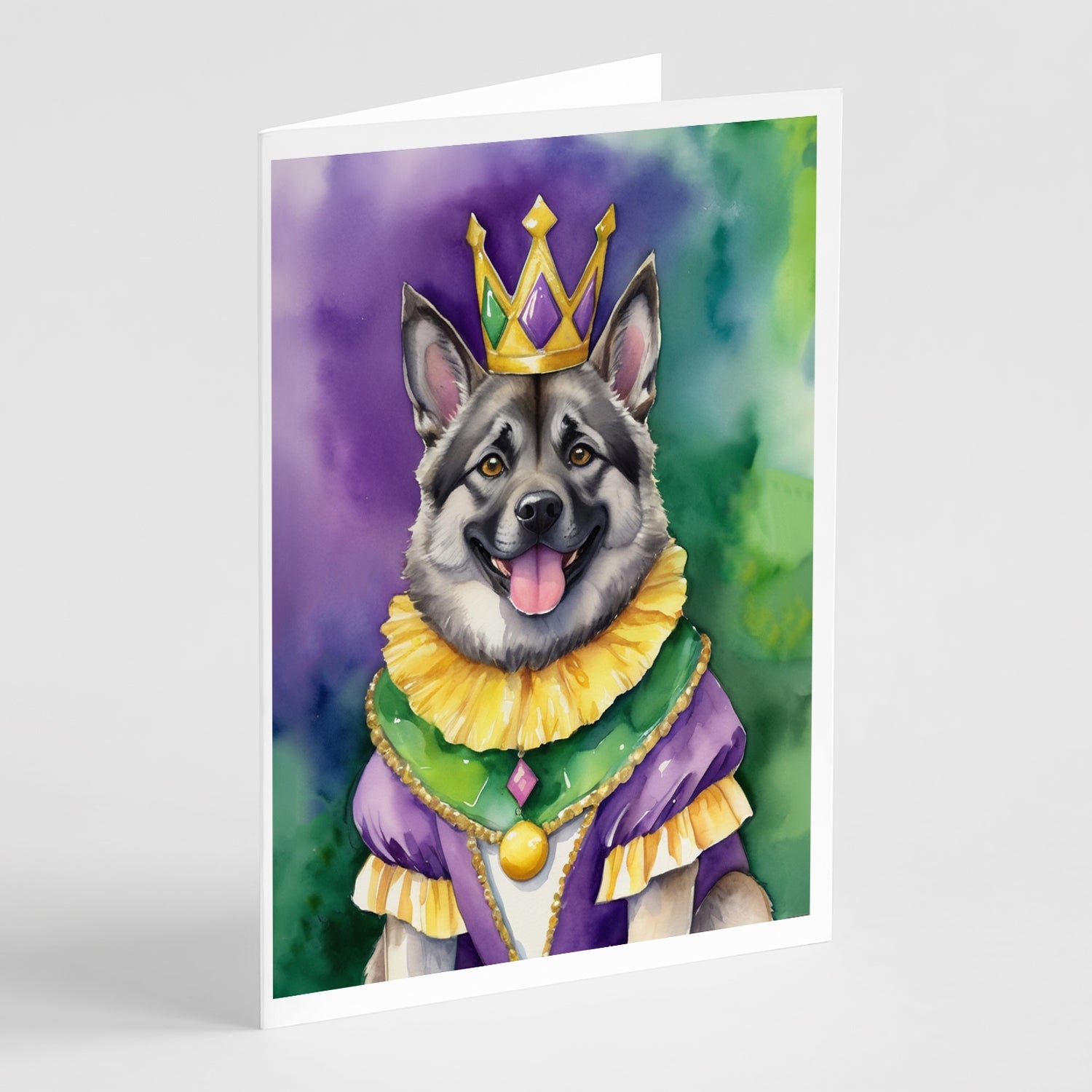 Norwegian Elkhound King of Mardi Gras Greeting Cards Pack of 8 Blank Cards with Envelopes Whimsical A7 Size 5x7