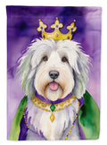 Old English Sheepdog King of Mardi Gras House Flag 28x40 Porch Sleeve Pole Decorative Outside Yard Banner Artwork Wall Hanging, Polyester