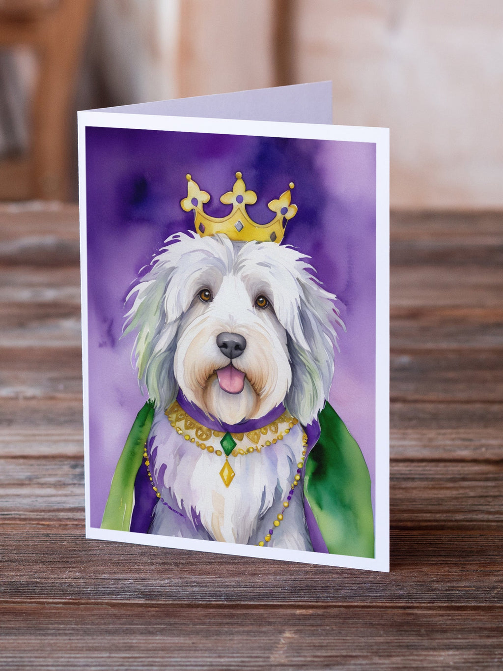 Old English Sheepdog King of Mardi Gras Greeting Cards Pack of 8 Blank Cards with Envelopes Whimsical A7 Size 5x7