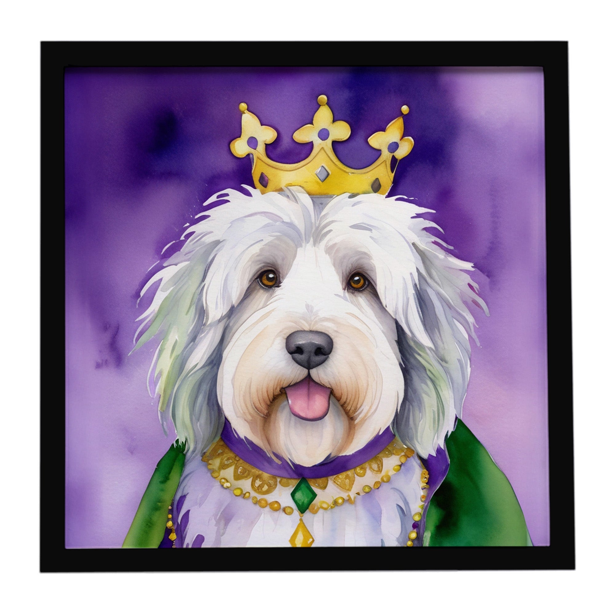 Old English Sheepdog King of Mardi Gras Framed Metal Print Bathroom, Kitchen, Office, Home Decor Wall Art Ready to Hang, Square, 8X8