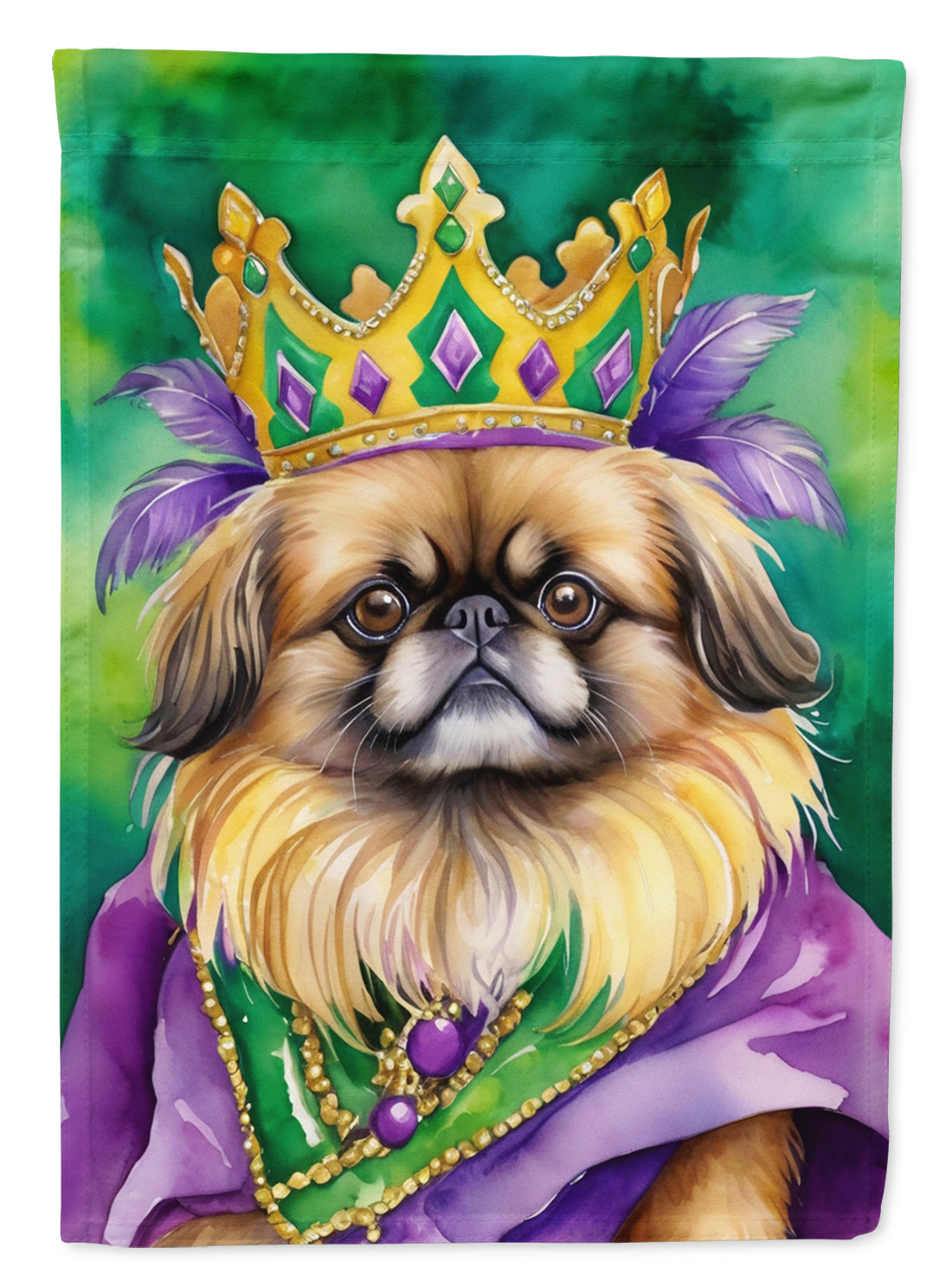 Pekingese King of Mardi Gras House Flag 28x40 Porch Sleeve Pole Decorative Outside Yard Banner Artwork Wall Hanging, Polyester