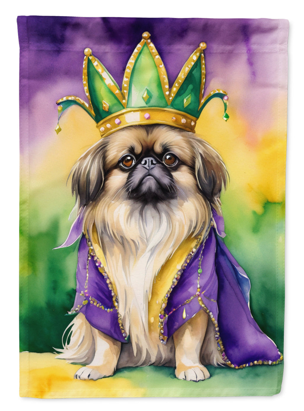 Pekingese King of Mardi Gras House Flag 28x40 Porch Sleeve Pole Decorative Outside Yard Banner Artwork Wall Hanging, Polyester