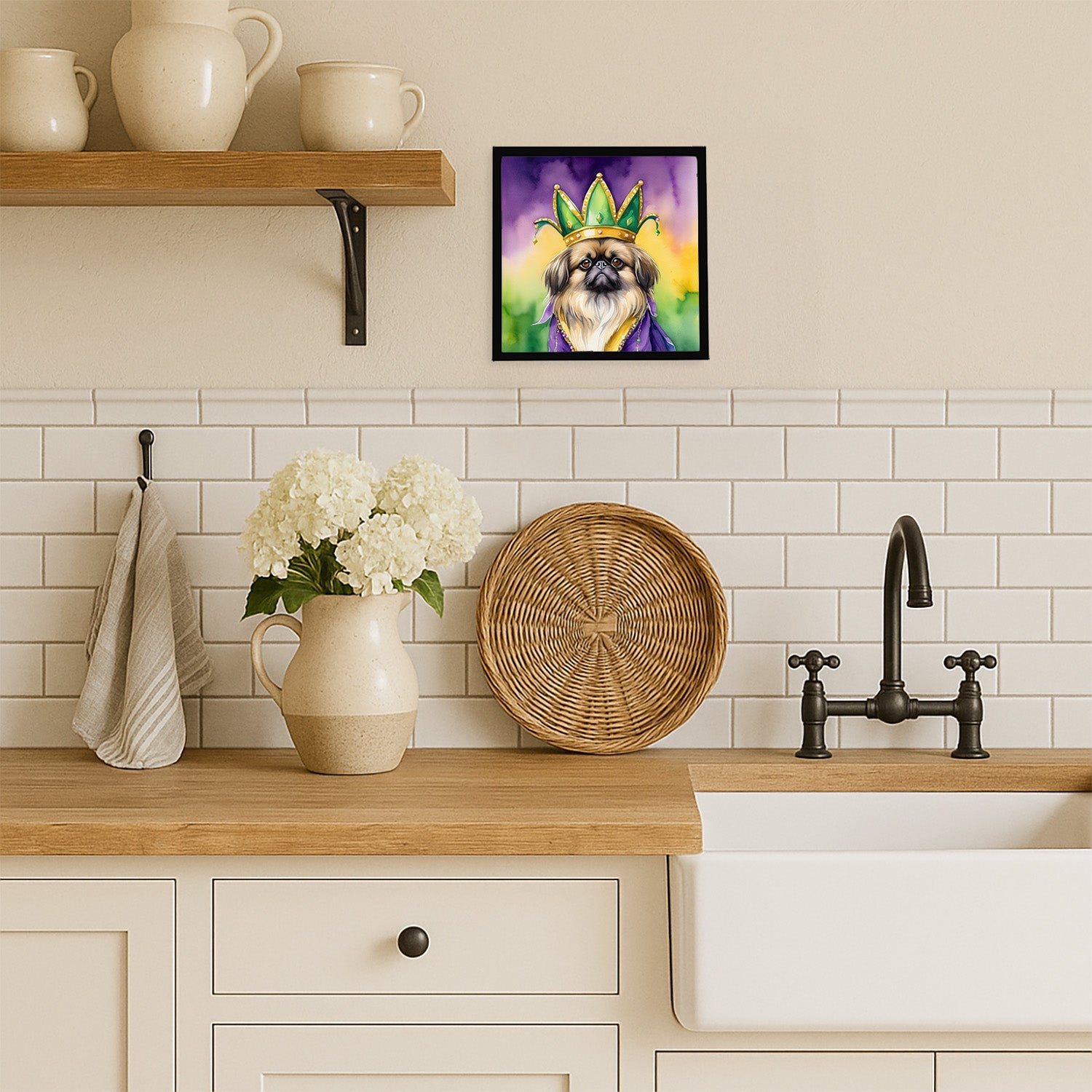 Pekingese King of Mardi Gras Framed Metal Print Bathroom, Kitchen, Office, Home Decor Wall Art Ready to Hang, Square, 8X8