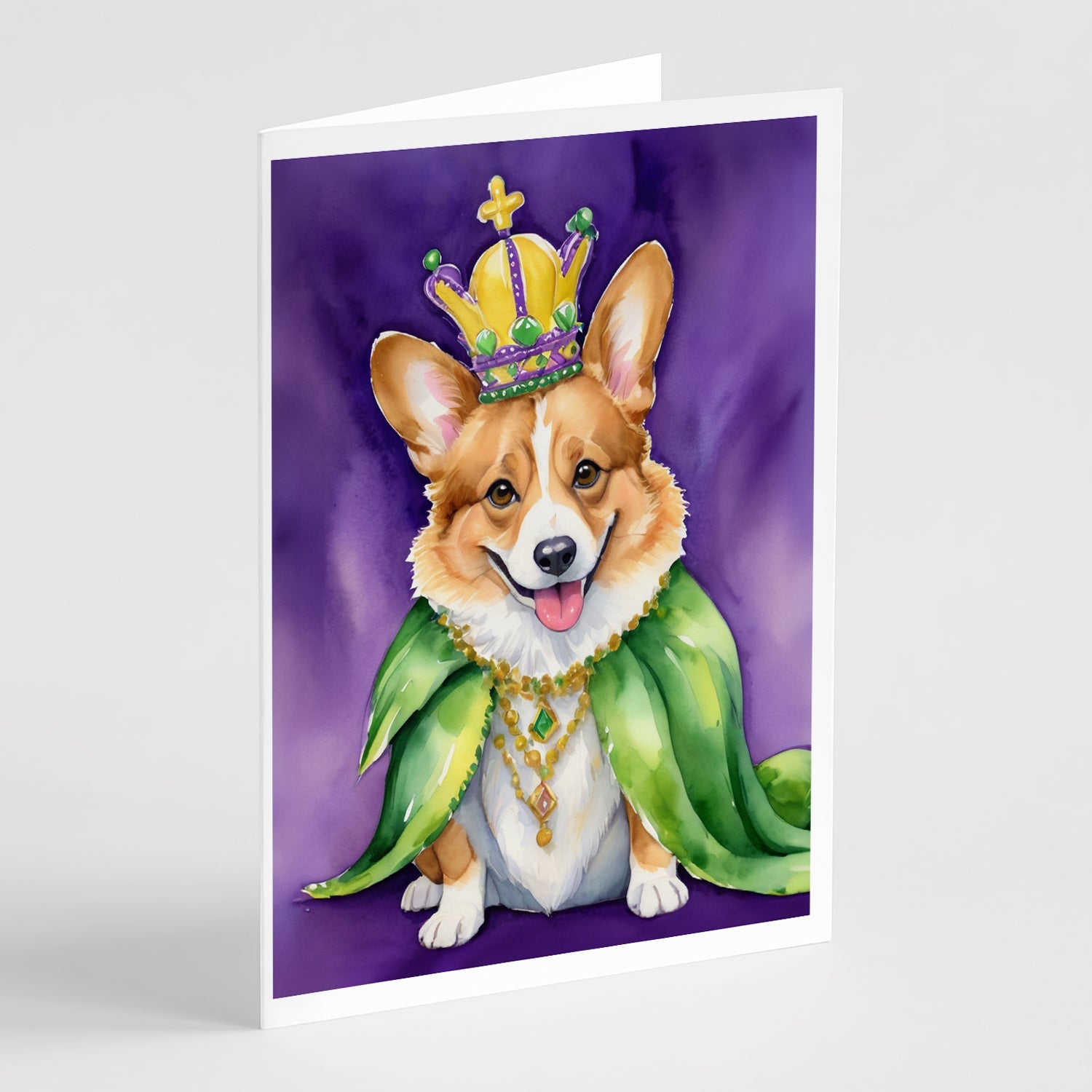Corgi King of Mardi Gras Greeting Cards Pack of 8 Blank Cards with Envelopes Whimsical A7 Size 5x7