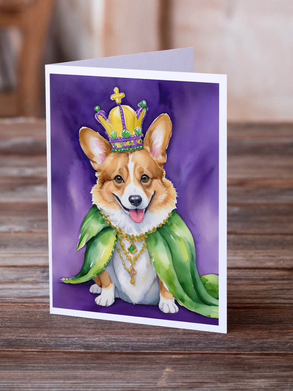Corgi King of Mardi Gras Greeting Cards Pack of 8 Blank Cards with Envelopes Whimsical A7 Size 5x7