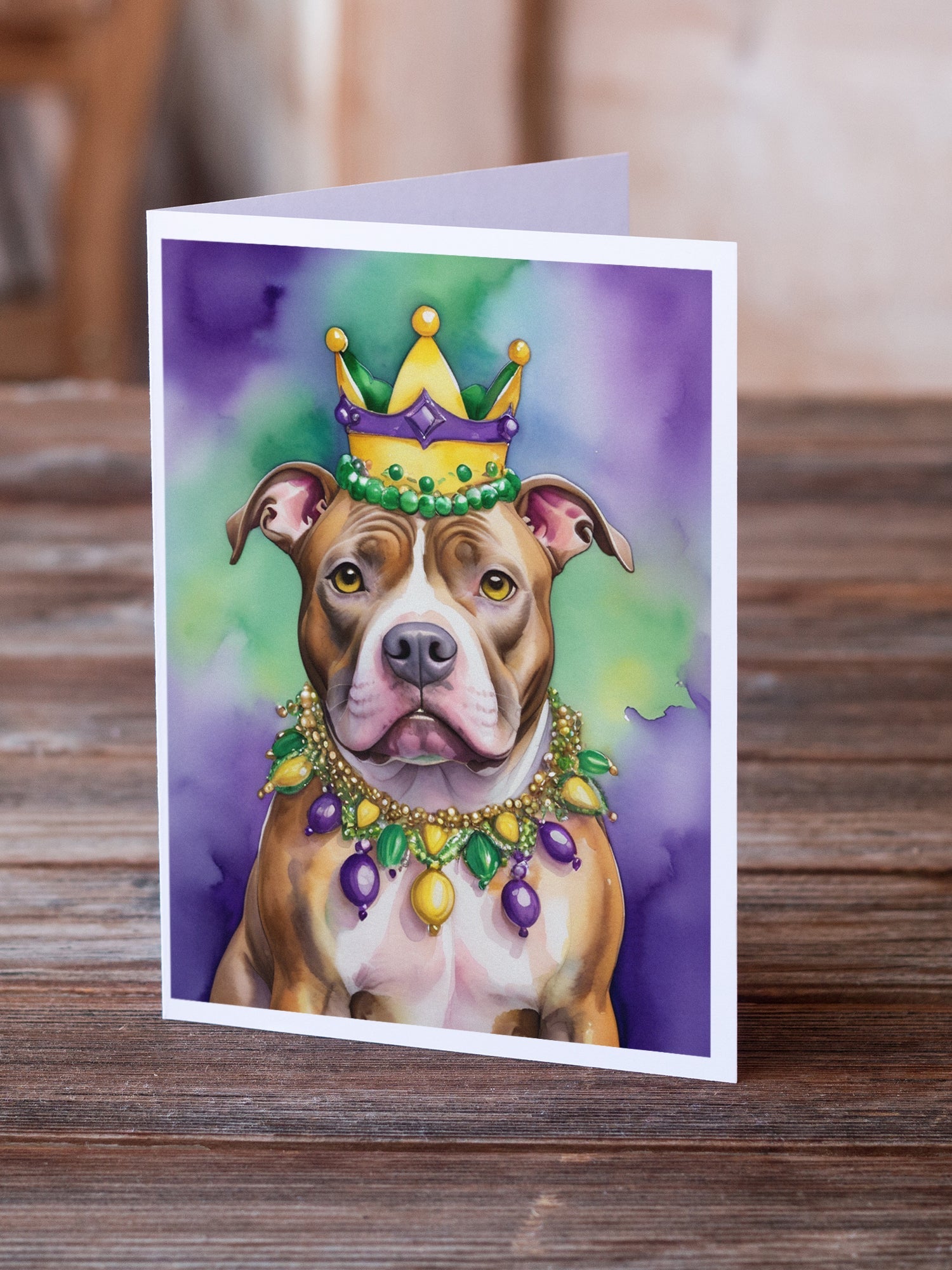 Pit Bull Terrier King of Mardi Gras Greeting Cards Pack of 8 Blank Cards with Envelopes Whimsical A7 Size 5x7