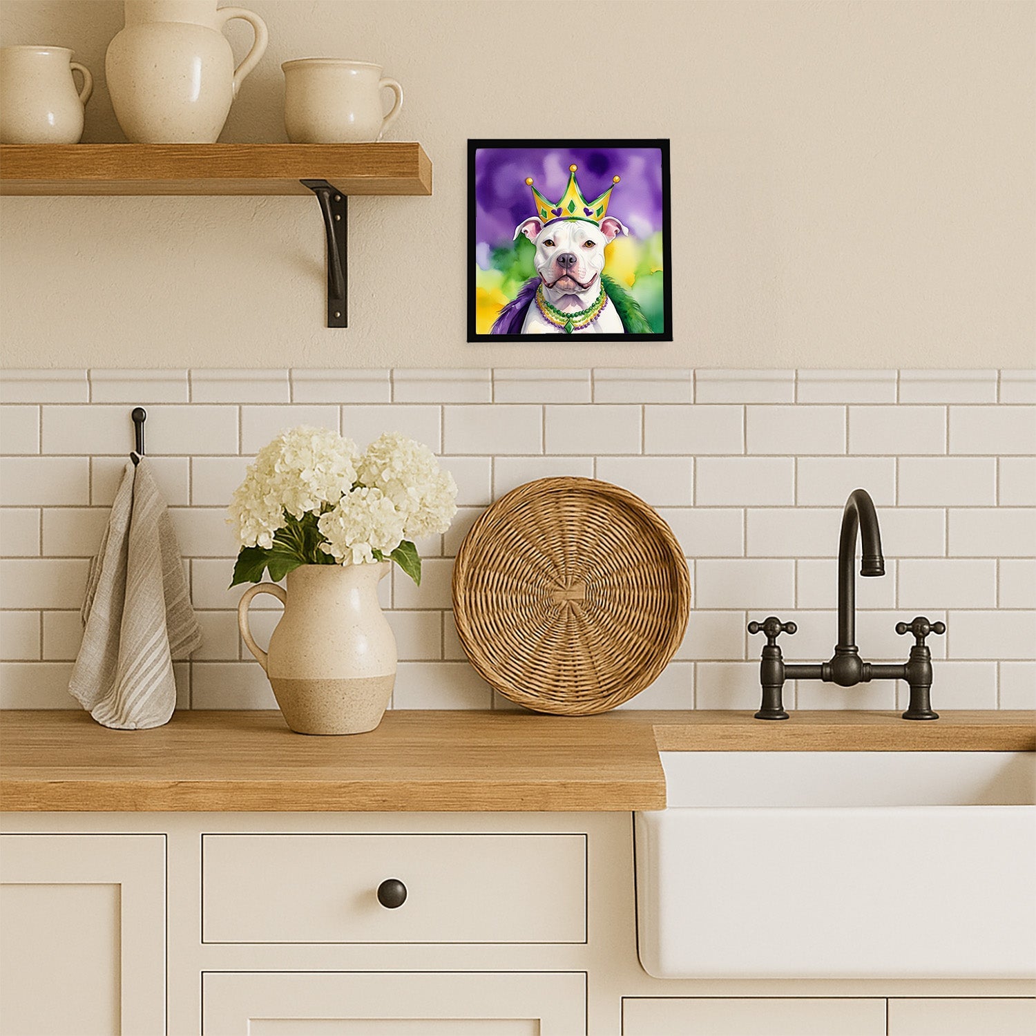 Pit Bull Terrier King of Mardi Gras Framed Metal Print Bathroom, Kitchen, Office, Home Decor Wall Art Ready to Hang, Square, 8X8