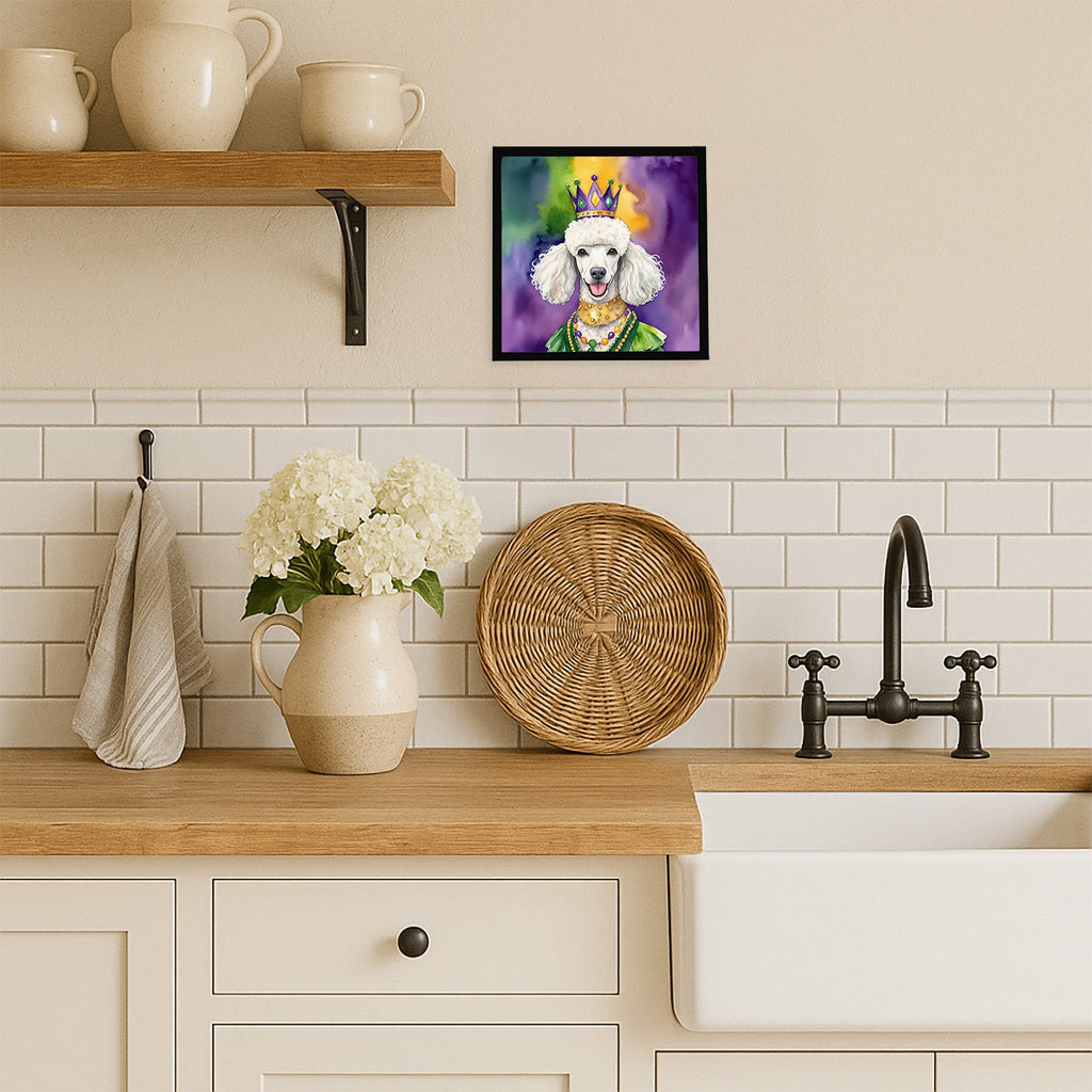 White Poodle King of Mardi Gras Framed Metal Print Bathroom, Kitchen, Office, Home Decor Wall Art Ready to Hang, Square, 8X8