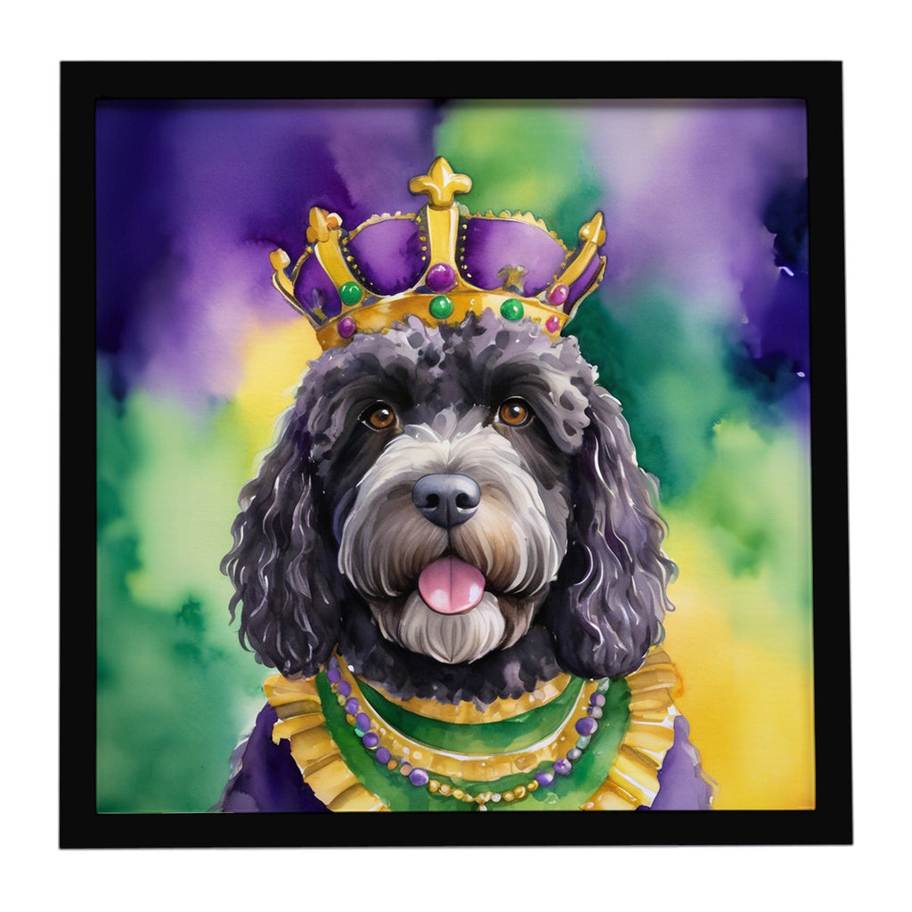 Portuguese Water Dog King of Mardi Gras Framed Metal Print Bathroom, Kitchen, Office, Home Decor Wall Art Ready to Hang, Square, 8X8