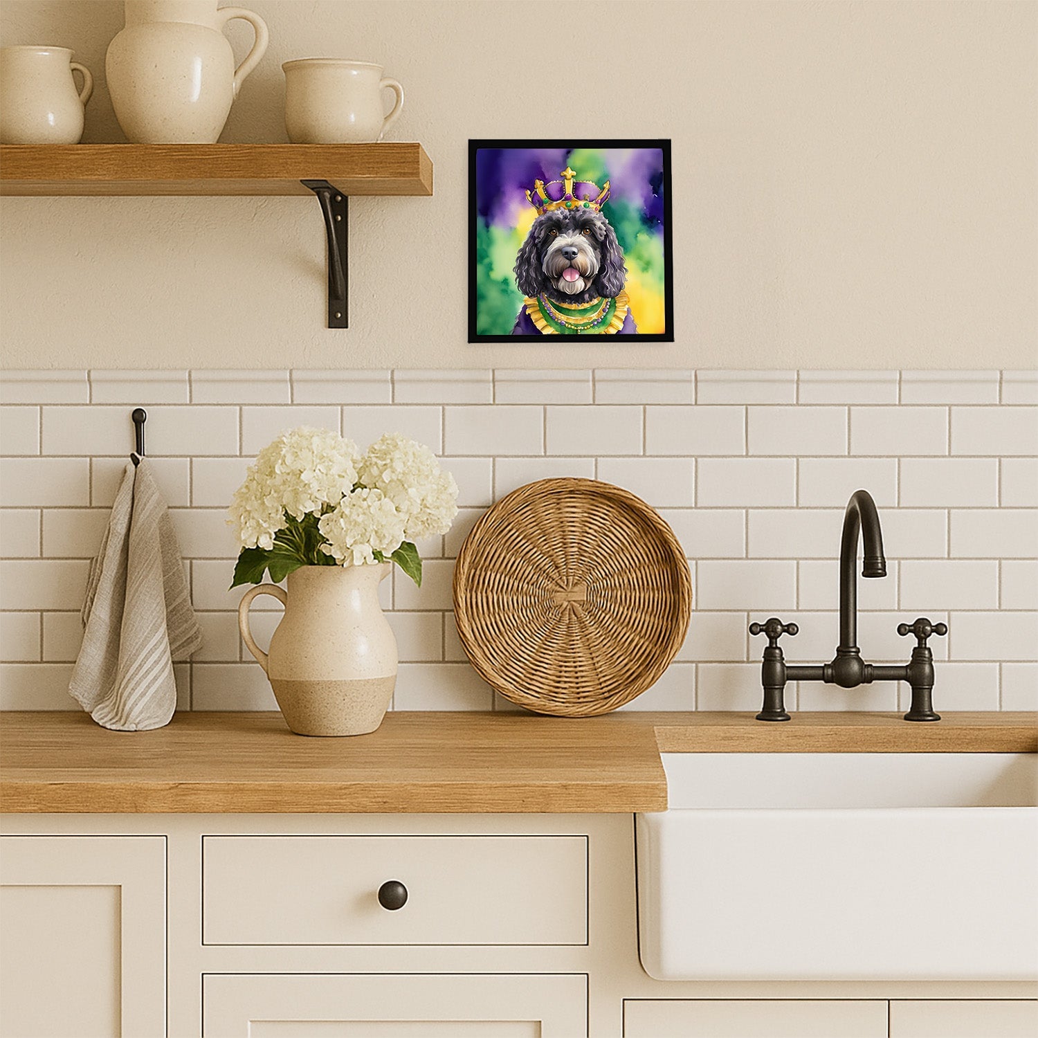 Portuguese Water Dog King of Mardi Gras Framed Metal Print Bathroom, Kitchen, Office, Home Decor Wall Art Ready to Hang, Square, 8X8