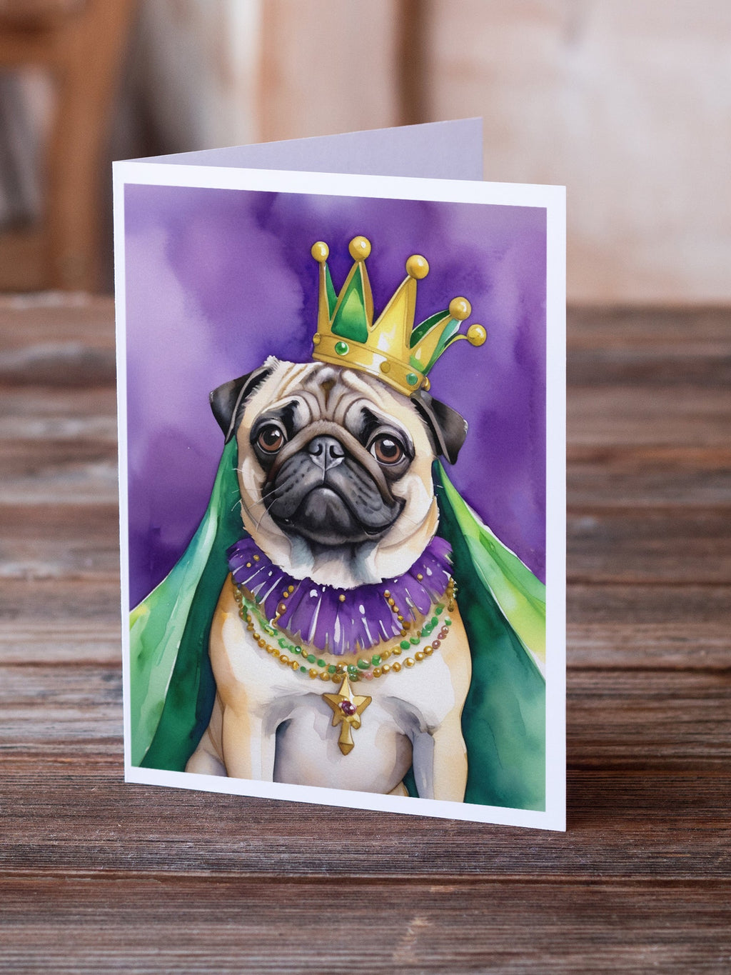Pug King of Mardi Gras Greeting Cards Pack of 8 Blank Cards with Envelopes Whimsical A7 Size 5x7