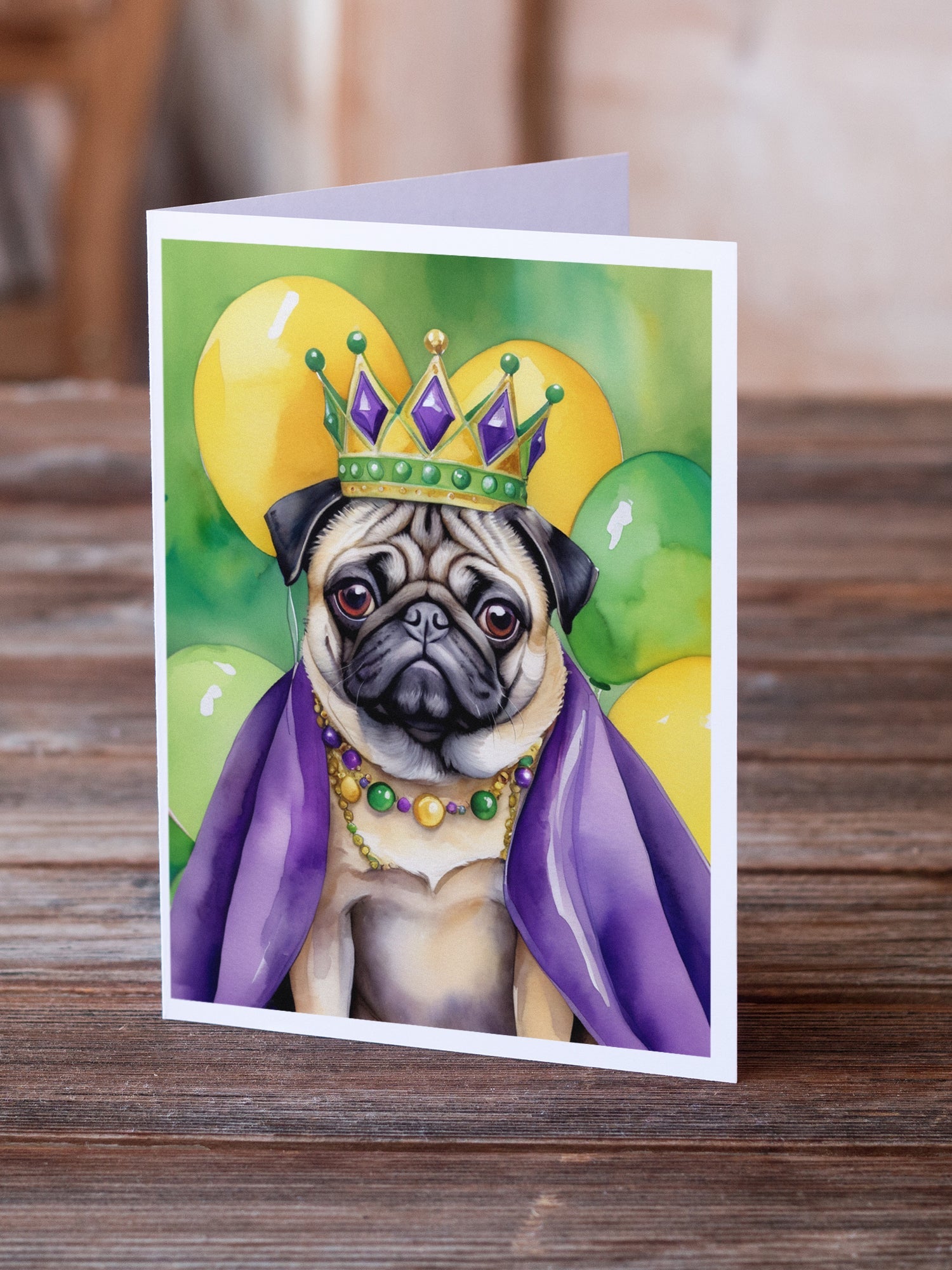 Pug King of Mardi Gras Greeting Cards Pack of 8 Blank Cards with Envelopes Whimsical A7 Size 5x7