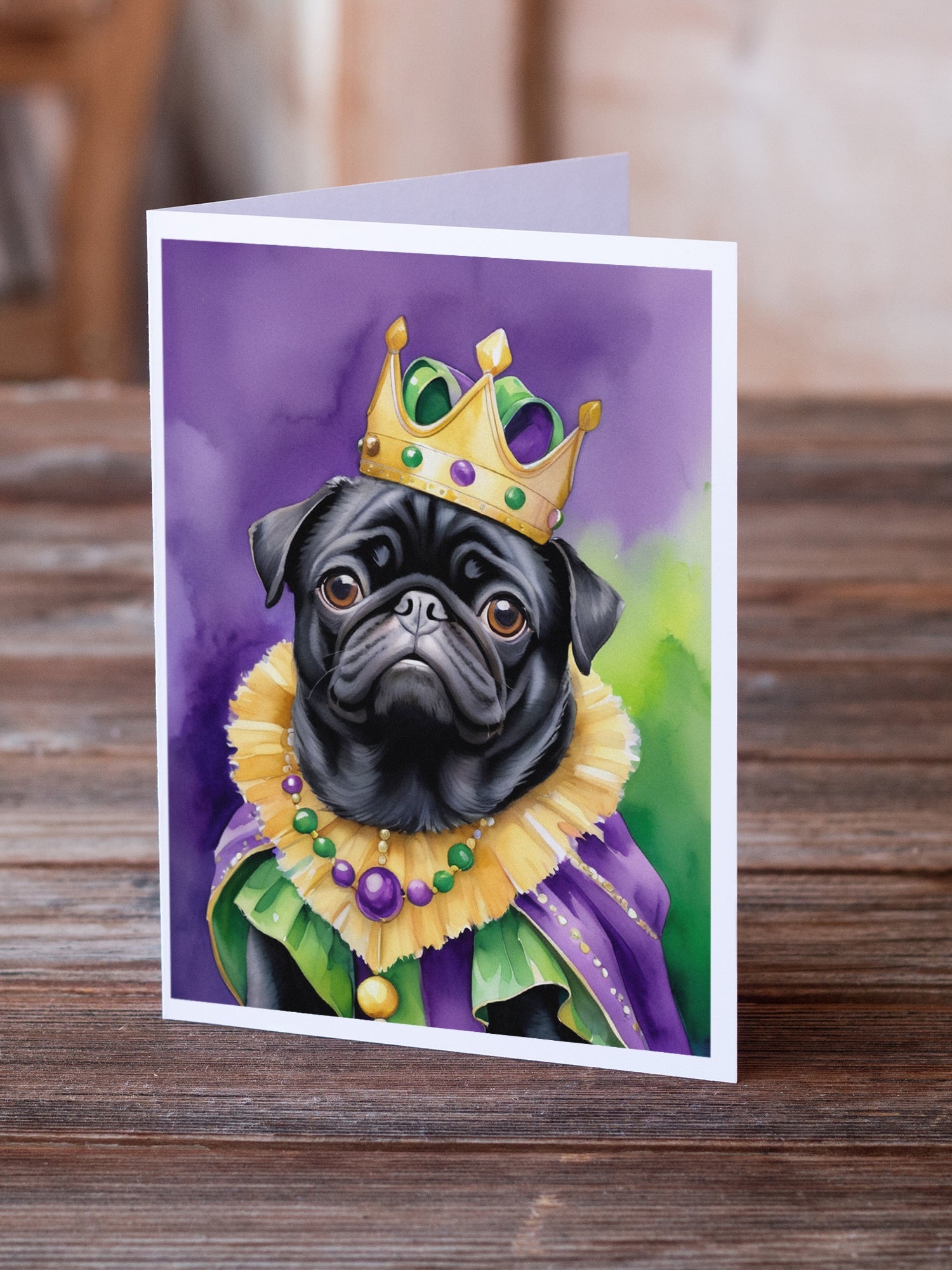 Black Pug King of Mardi Gras Greeting Cards Pack of 8 Blank Cards with Envelopes Whimsical A7 Size 5x7